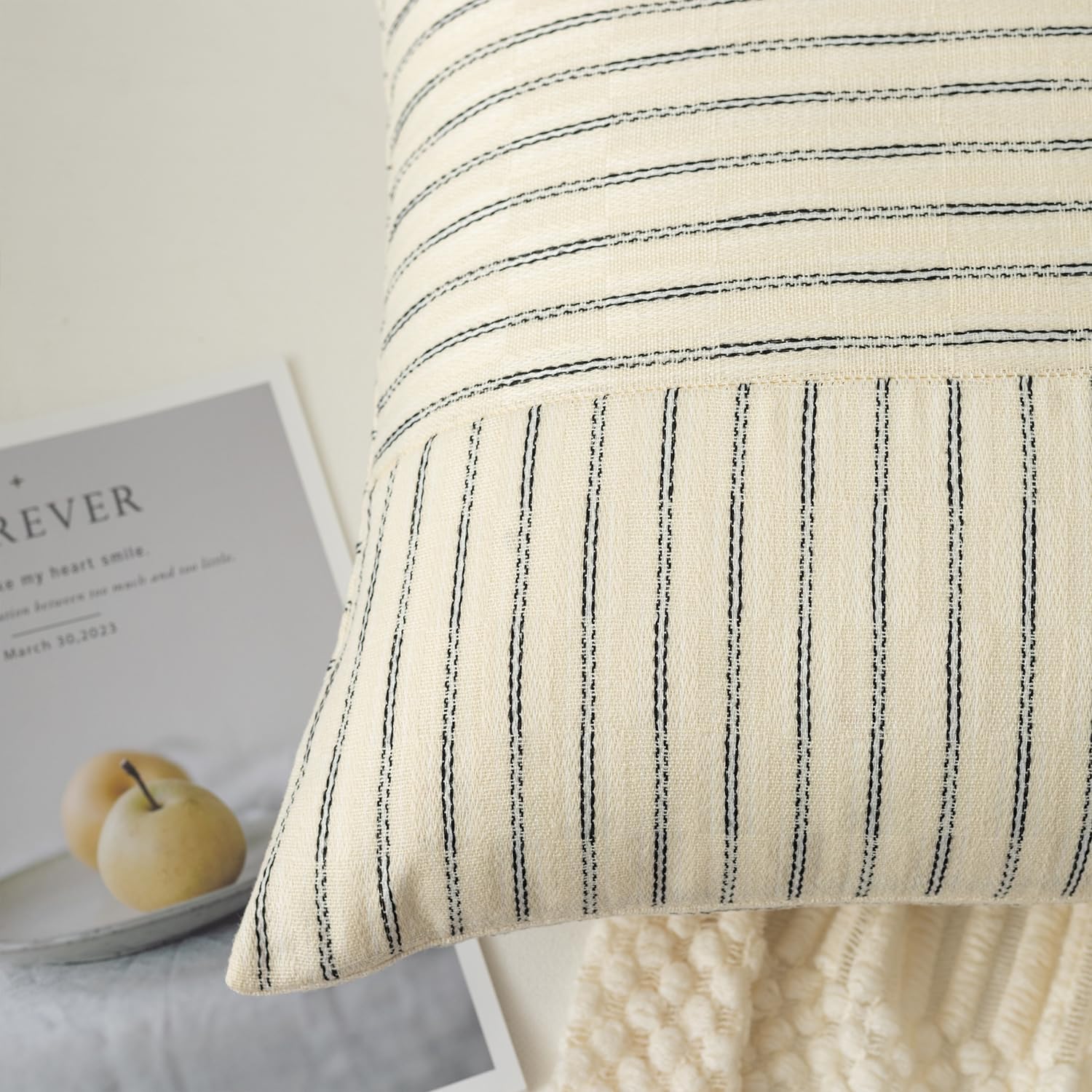 Kevin Textile Farmhouse Pillow Covers 24x24, Modern Accent Square Throw Pillow Covers Set of 2, Beige and Black Striped Patchwork Linen Decorative Pillows Cushion Covers for Chair Bedroom