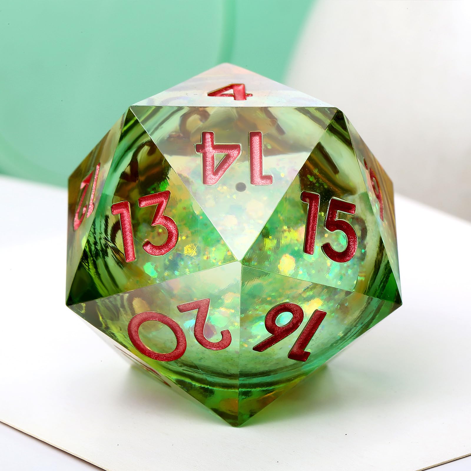 Spindown D20 Dice 33mm,DNDND Glitter and Paillette Liquid Core D20 Dice with Gorgeous Gift Box for Dungeons and Dragons (Green & Orange)