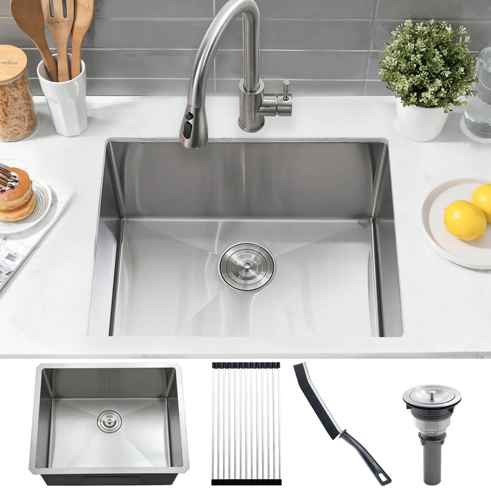 Photo 1 of Undermount Laundry Room Sink, Jshozzy 24"x19"x12" Stainless Steel Laundry Sink Undermount Outdoor 16 Gauge Deep Single Bowl Kitchen Sinks with Cleaning Brush