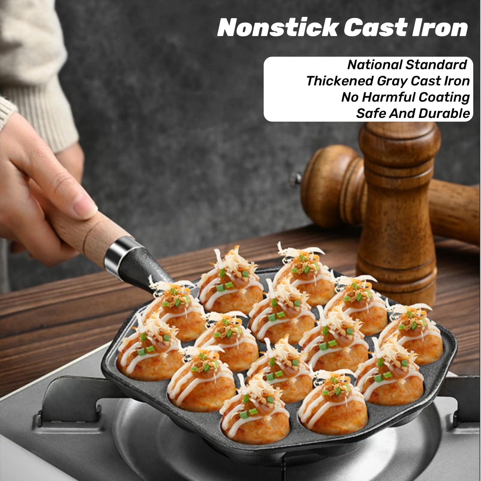 Topyond Takoyaki Padella Ghisa, Padella Grill Per Takoyaki, 14 Fori Antiaderente Di Cottura Muffa Del Vassoio, Pancake Piastra con Manico Staccabile, Takoyaki Piastra