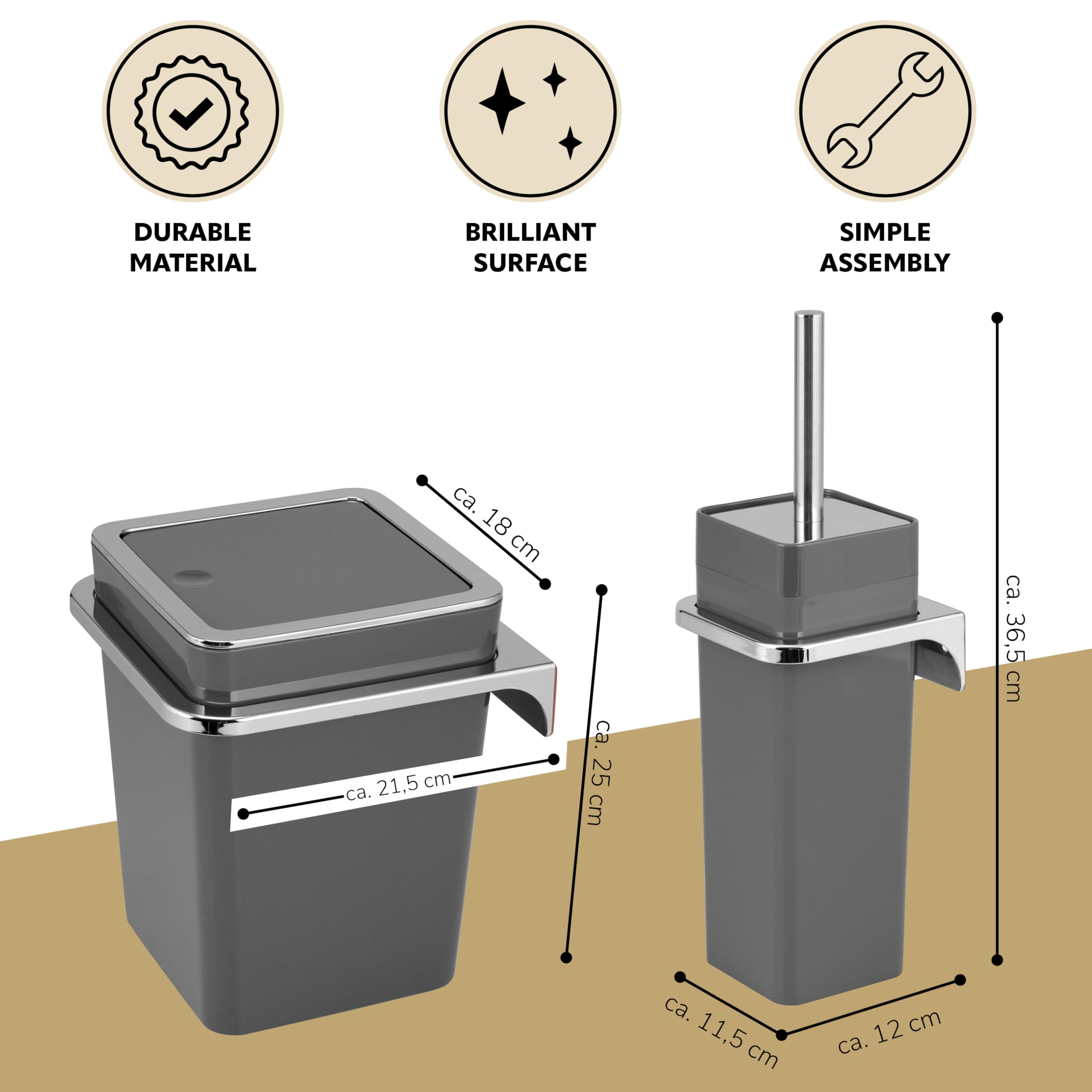 bremermann Savona Ensemble de Salle de Bain 2 pièces avec Poubelle de Salle de Bain 6 l et Brosse WC avec Support Mural carré (Plastique-Gris)
