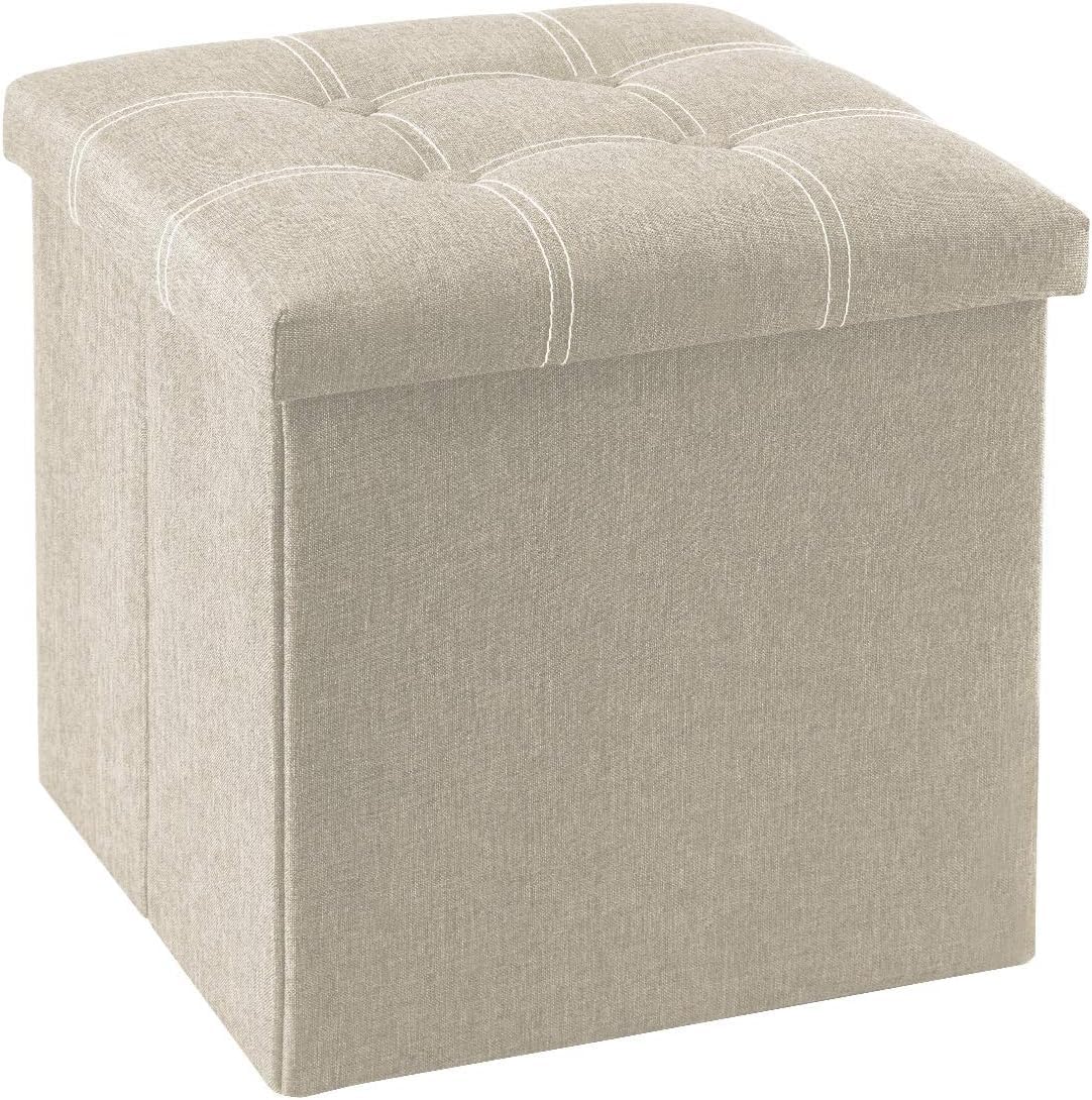 Inditradition Foldable Ottoman Pouf Stool with Spongy Cushioning & Inbuilt Storage Caddy | 15x15x15 Inches, 55 Liter Storage Capacity, 100 KG Weight Capacity, Linen Cloth & MDF Board (Beige)