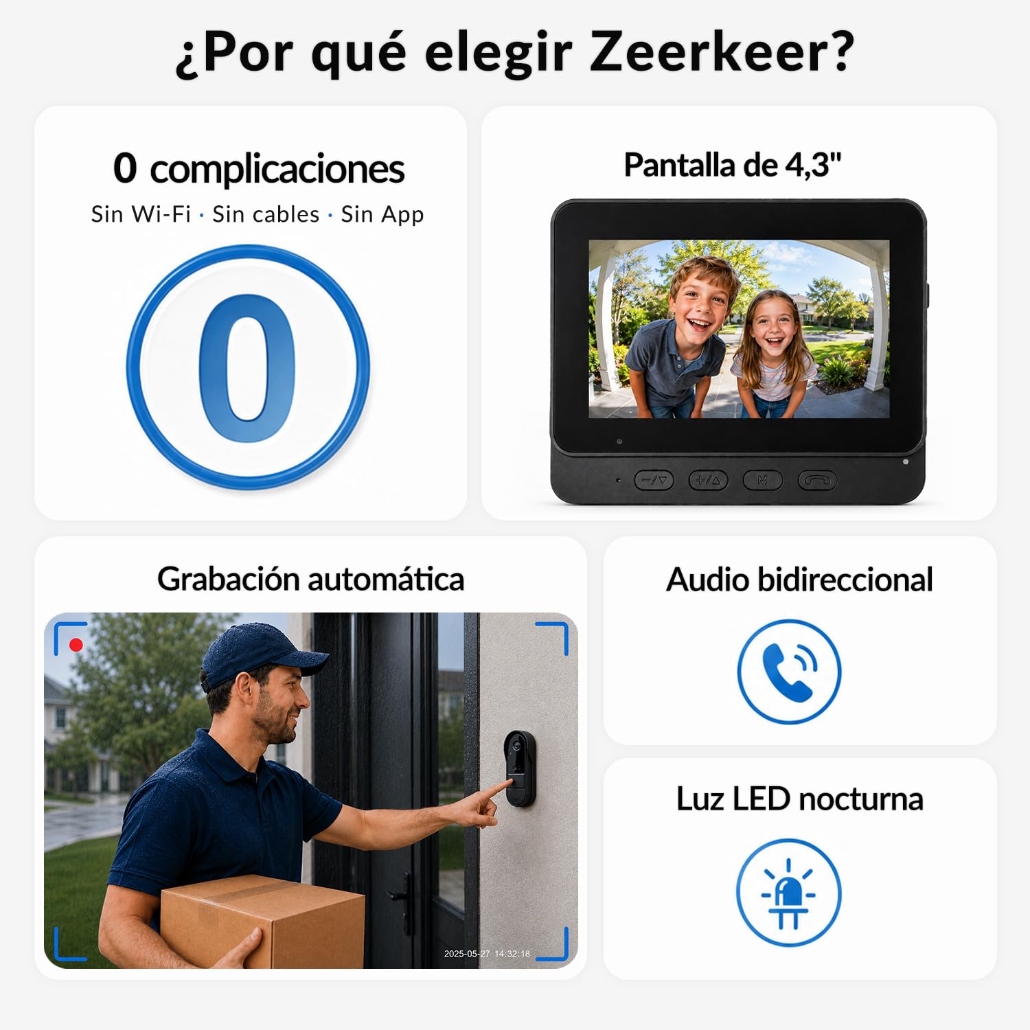 Zeerkeer Timbre Inalámbrico Exterior Impermeable 1080P, Videoportero con Cámara Inalámbrico de 4,3 Pulgadas, Intercomunicador de Vídeo Exterior con Pantalla Ángulo de Visión 170°