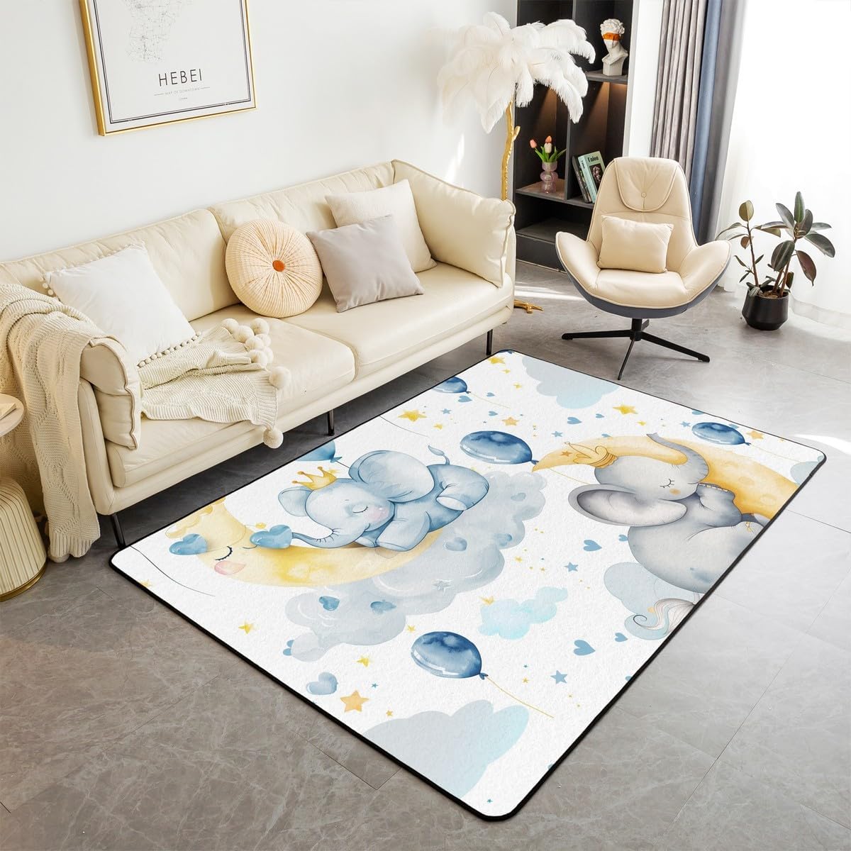 Castle Fairy Sleeping Elephant Area Rug 3x5 Watercolor Star Moon Decorative Rug for Kids Teens Adults Cartoon Wild Animal Rugs for Living Room Bedroom Cute Blue Balloons Decorative Rug