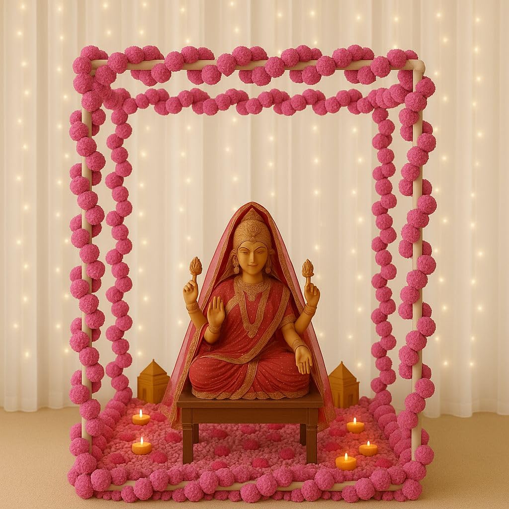 Abhaas Pooja Decoration DIY Mandap Tent Pandal with 5Pcs Marigold Garlands for Ganesh Chaturthi Home Decor Cubical Mandap | Ganesh Chaturthi/Durga Pooja (25Pcs) (Pink, 20Inch Cube)-image-38