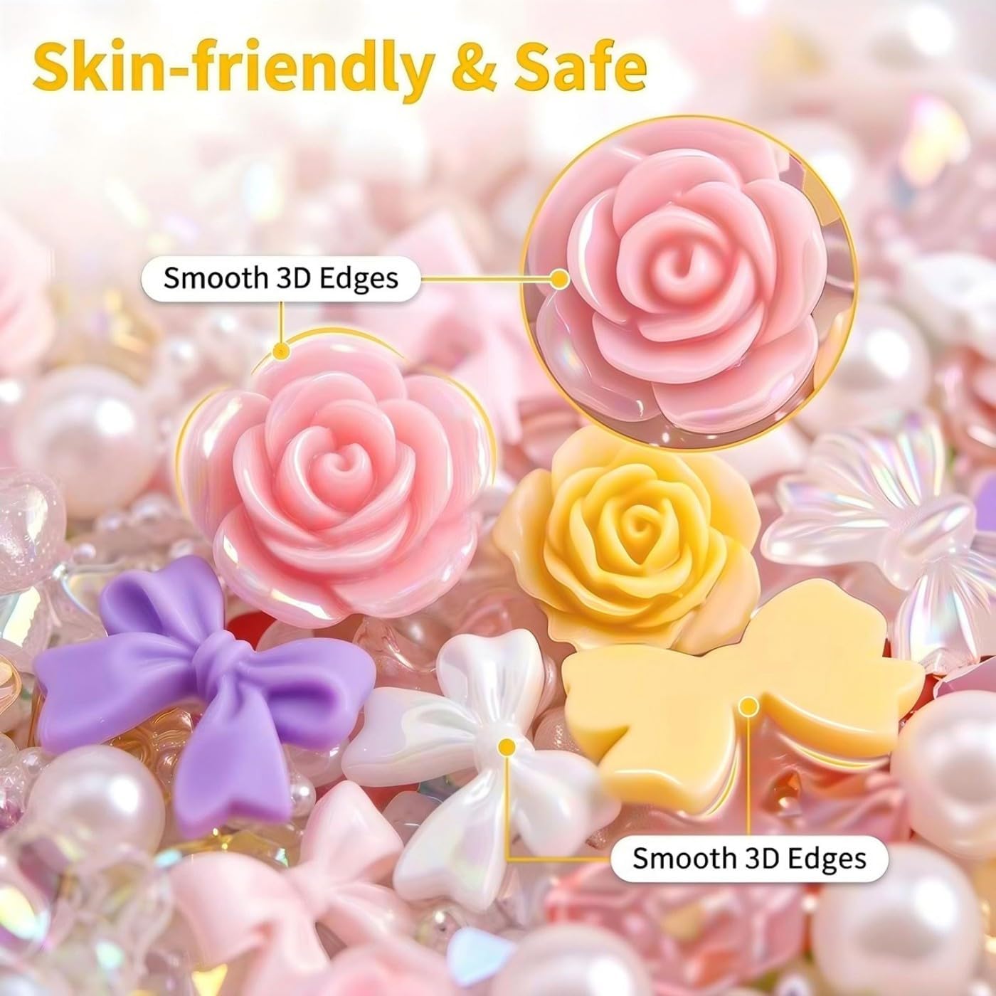 200PCS 3D Resin Nail Charms Set Mixed Shapes Kawaii Flatback Gems Bows Roses Stars Hearts Bears Pearls for DIY Nail Art Jewelry Design