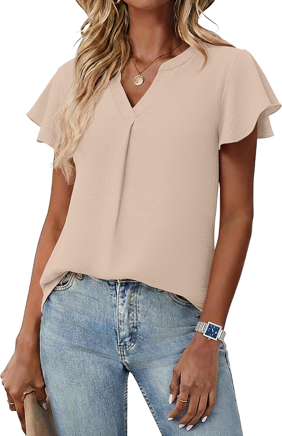 Womens Spring Tops Summer Dressy Casual Cute V Neck Ruffle Sleeve Blouses Flowy Shirts