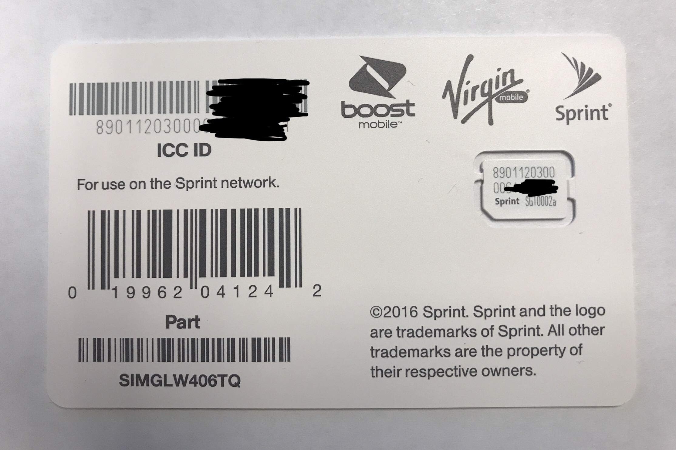 Sprint UICC ICC Nano SIM Card SIMGLW406TQ - Moto G6 Play, Galaxy S9, Samsung A6