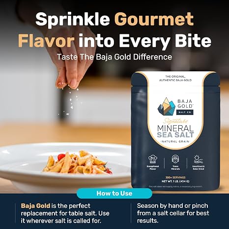 Baja Gold Mineral Sea Salt - Unrefined Mineral Sea Salt 454 g - Rich in Trace Elements and Minerals Perfect for Gourmet Cuisine Healthy Diet and Versatile Uses Natural unrefined sea salt from protected depths. Particularly rich in natural minerals and trace elements