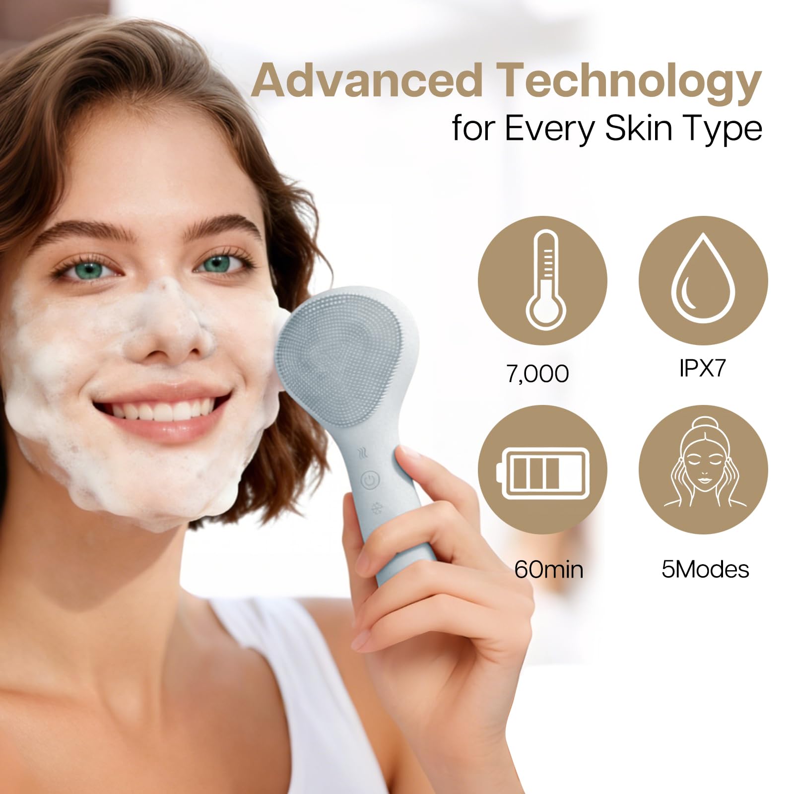 Face Scrubber, Thermal & Cooling Modes, Face Brush, Deep Pore Cleansing, Silicone Face Scrubber, Electric Sonic Vibrations, Facial Cleansing Brush, Waterproof Home Spa & Travel Skincare