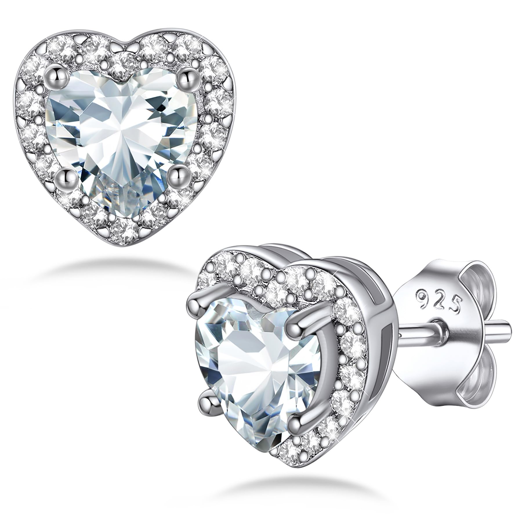 Bestyle Sparkling 925 Sterling Silver Birthstone Stud Earrings for Women, Heart/Round/Teardrop/Square Solitaire Diamond Studs Earrings, Great Birthday/Christmas Gifts