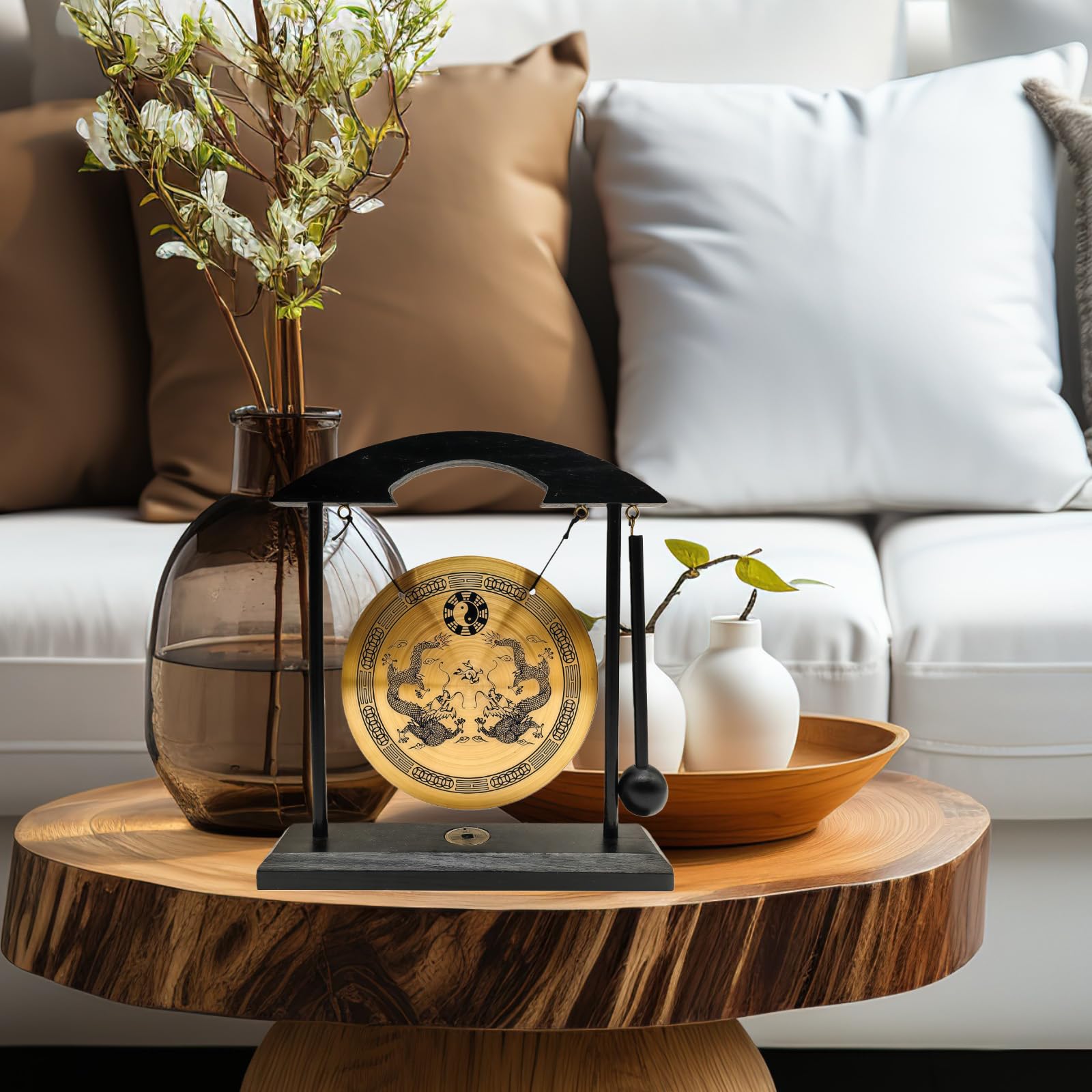 Décoration Zen Gong Tibétain Dragon Chinois en Laiton Instrument de Percussion Gong sur Socle Tai-ji Yin Yang Feng Shui pour Salon Méditation Relaxation Yoga Son Clair Cadeau à Caractère Chinois table