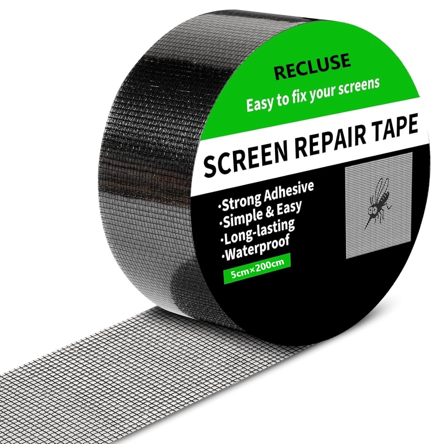 RECLUSE 5cmx200cm Window Screen Repair Tape,3 Layer Strong Adhesive & Waterproof Fiberglass Covering Wire Mesh Repair for Window Screen Mesh Tears Holes Repair, Anti-Mosquito Black