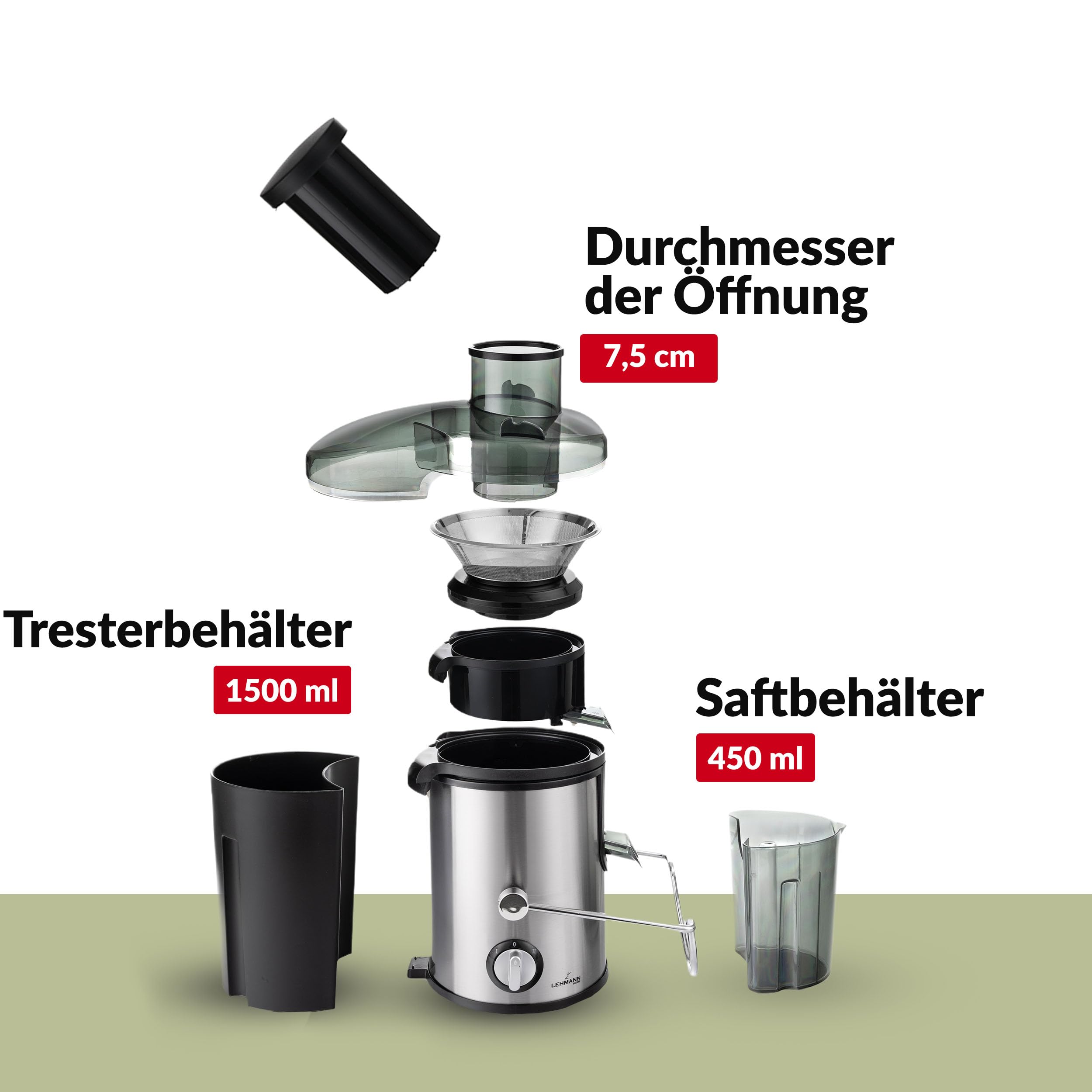 LEHMANN Zentrifugal Entsafter für Obst und Gemüse, Schnelle Saftzubereitung, 75 mm Einfüllschacht, BPA-frei, 2 Geschwindigkeiten, Leicht zu reinigen, elektrische Saftmaschine aus Edelstahl