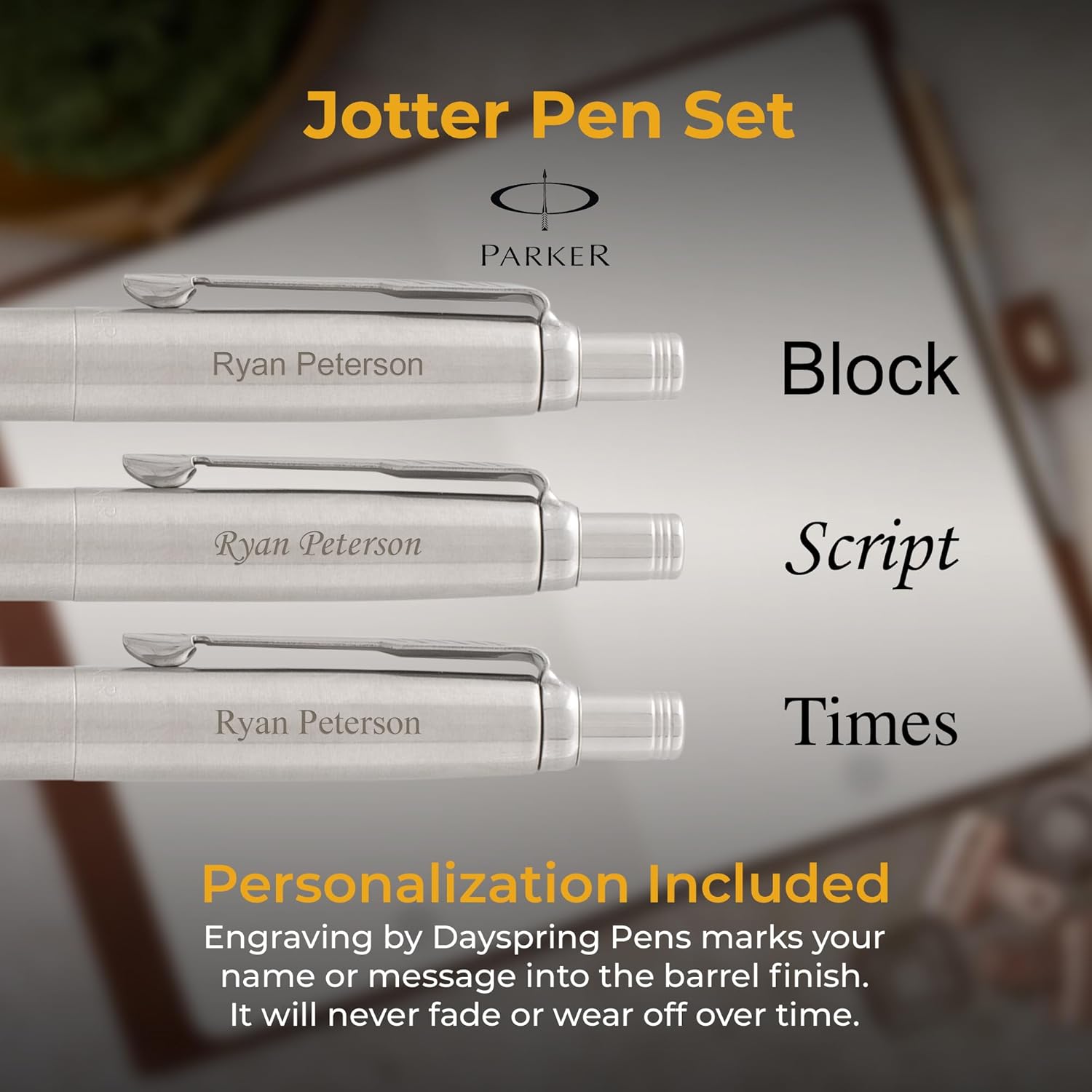 Parker Jotter Ballpoint Pen and Pencil Set, Stainless Steel with Arrow Clip, Custom Engraved — Graduation, Promotion, or Engineer and Architect Gift
