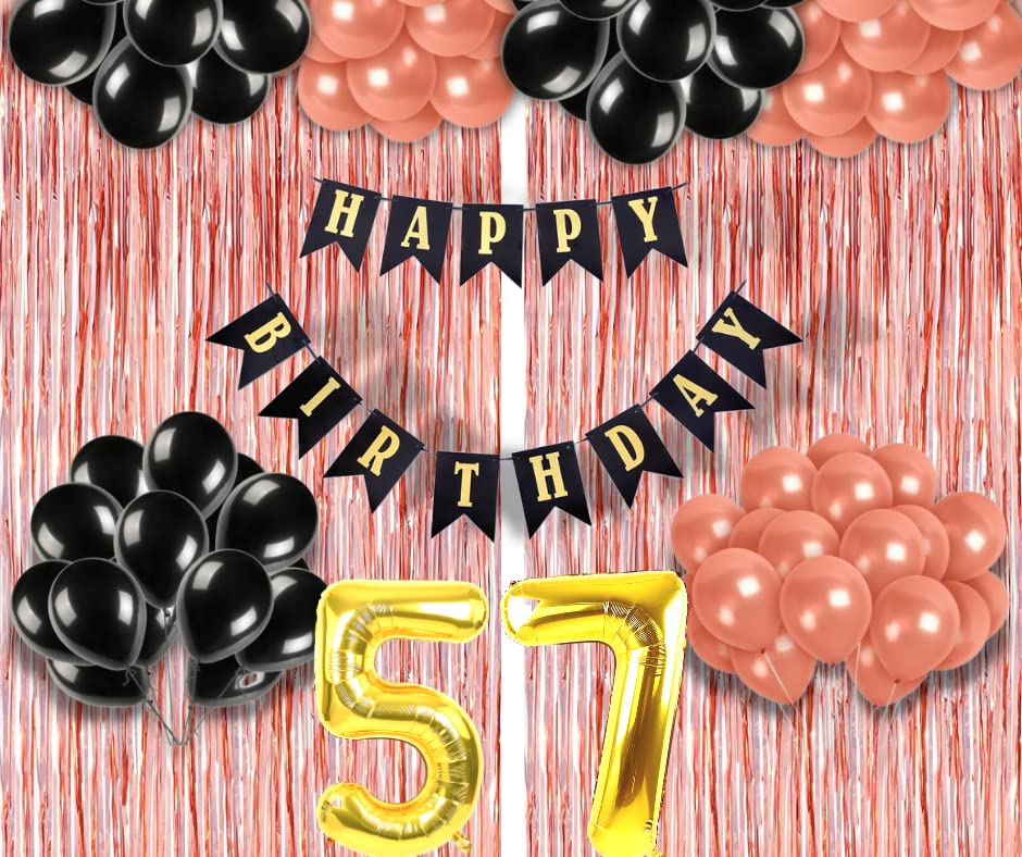 Image of 57th Birthday Decoration items for Girls with Black and Rose Gold Balloons, Black Happy Birthday Banner, Rose Gold Foil Curtain, Foil Balloon number 57