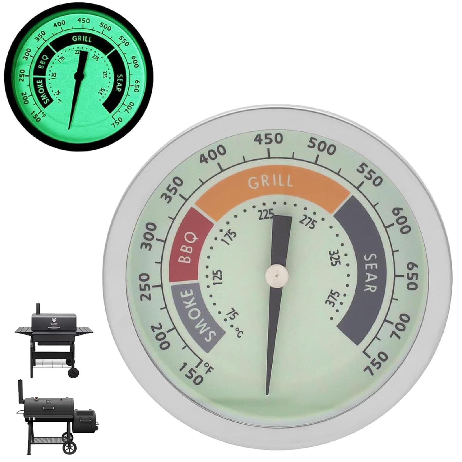 3 1/8" Smoker Thermometer Gauge for Masterbuilt Thermometer, All Oklahoma Joe Smoker Accessories,Char-Griller, Pit Boss,Most Charcoal Pellet Wood Pit Smoker,1/2 NPT Luminous Charcoal Grill Thermometer
