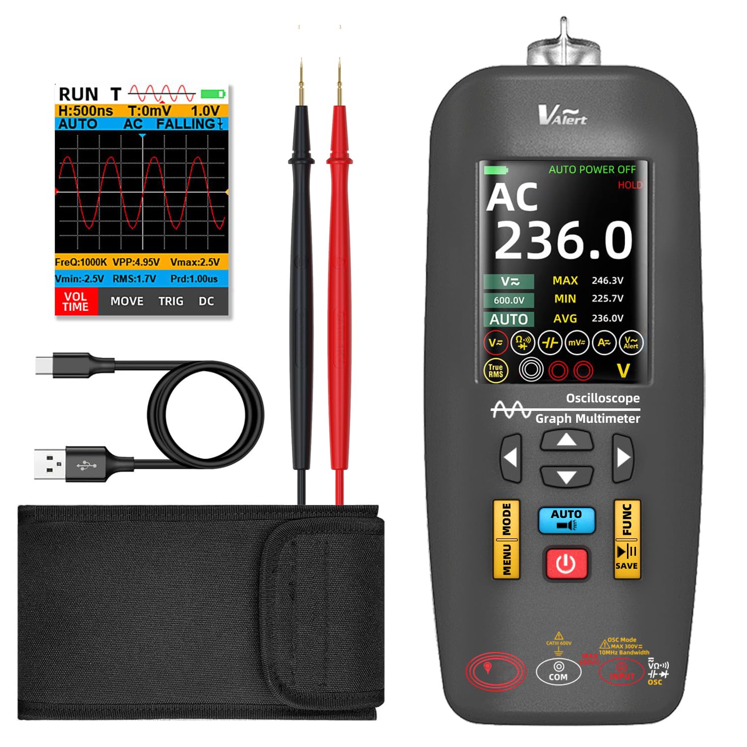 BSIDE O1X Digital Oszilloskop Multimeter TRMS mit Rogowski Spule Anschluss 6000A, Handheld Oszilloskop 10Mhz 48MSa/S Farb-LCD Datenübertragung Wiederaufladbares Stromprüfer Spannungsprüfer