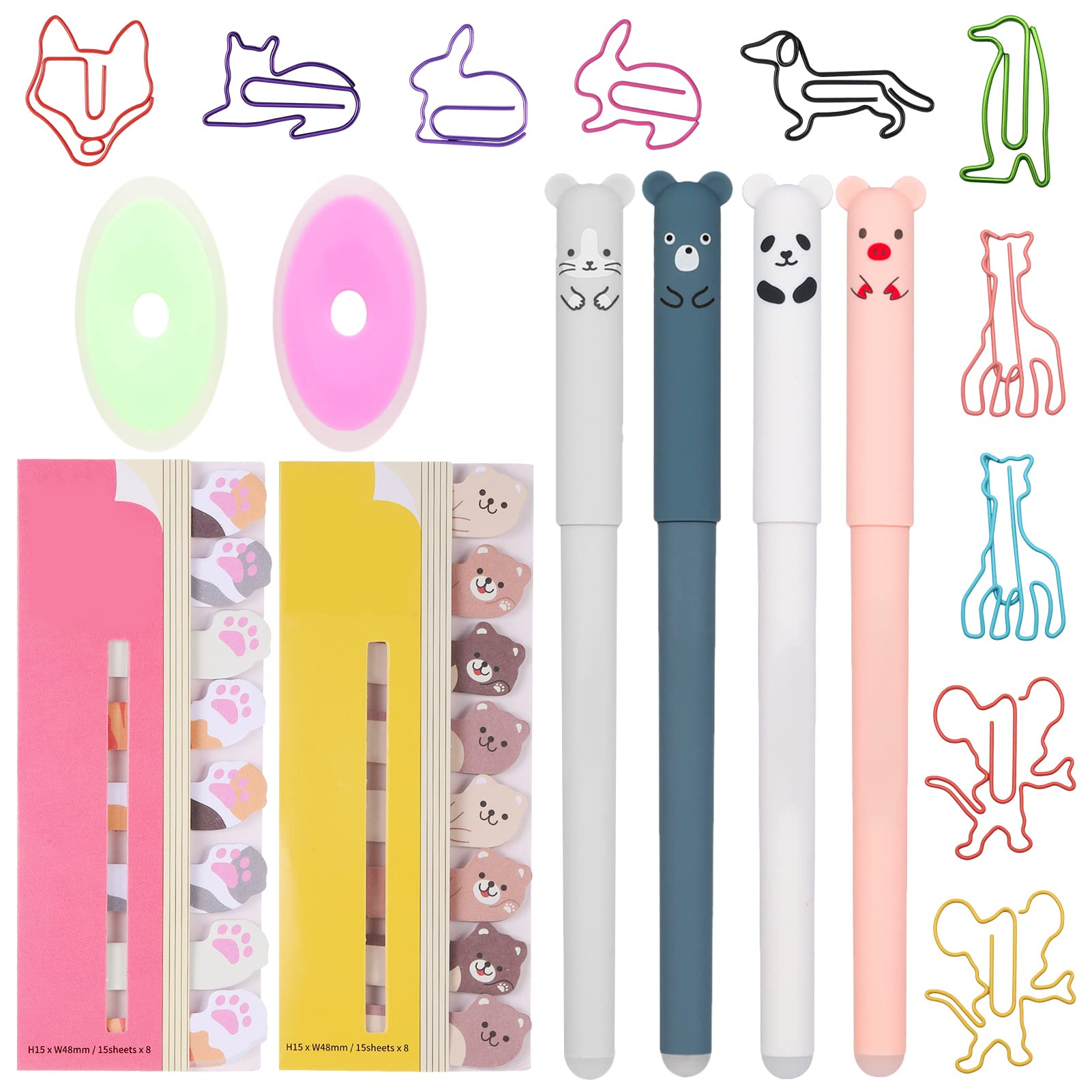 FRIUSATE 18 Pcs Stationery Animals Set Cute Stationary With 0.35mm Cute Cat Erasable Pens, Animals Paperclips, Erasers, Sticky Pages Markers For Girls Kids