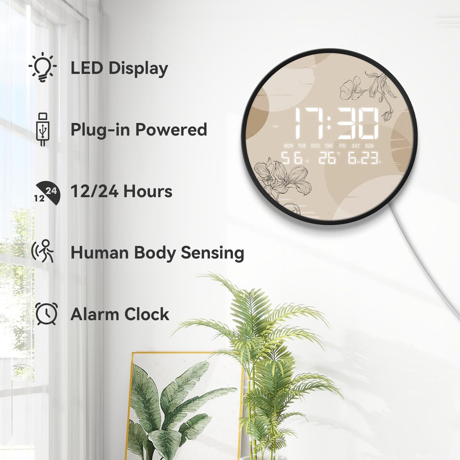 Digital Modern Wall Clock Temperature Humidity Large Display Motion Sense 12/24H with Bohemian Style LED Clocks for Living Room Bedroom Office Kitchen 12-Inch Plug-in Powered