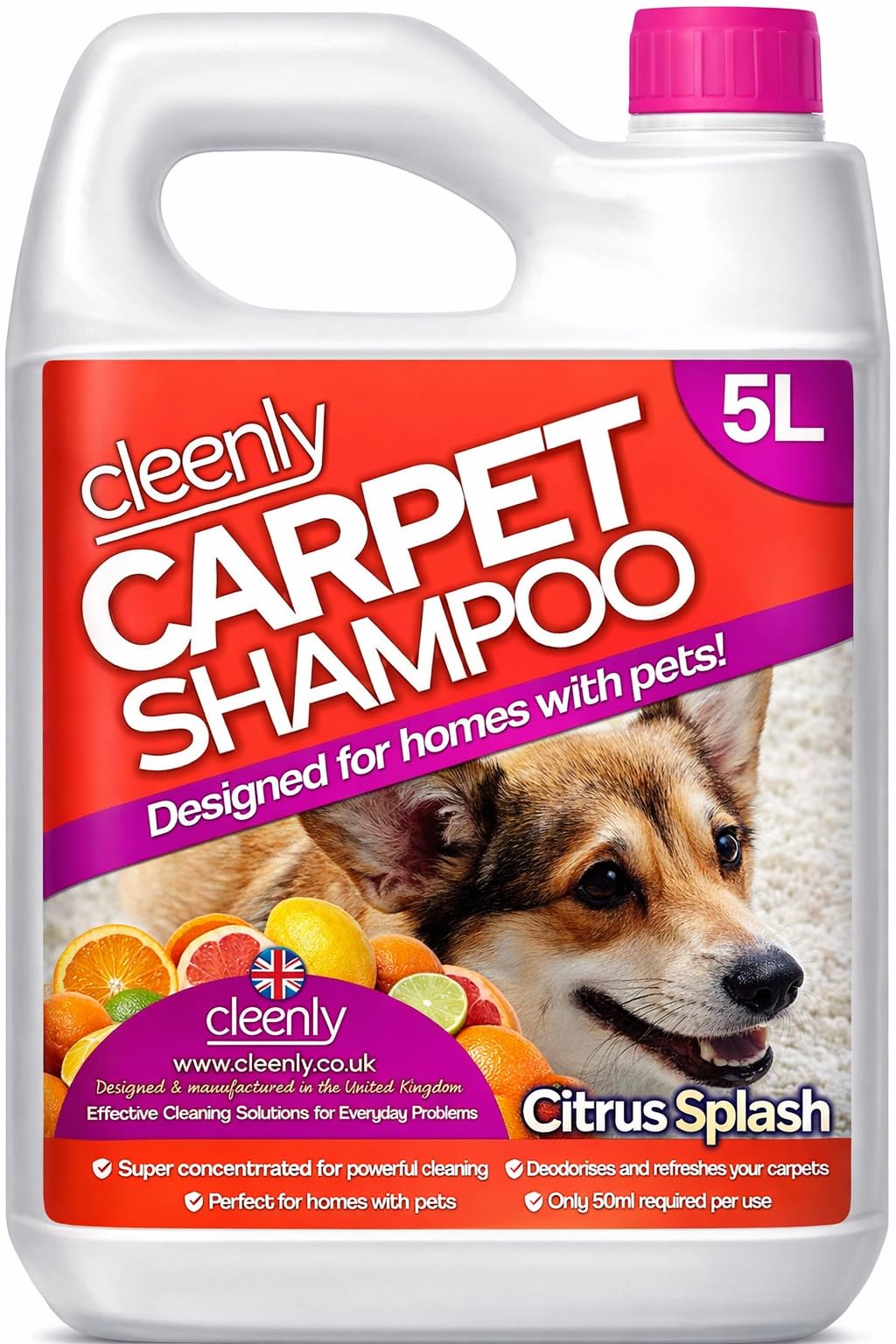 Pet Carpet Shampoo Cleaner Solution 5L - Citrus Splash Fragrance - Safe for All Carpet Cleaning Machines, Effectively Removes Dog, Cat, Pet Odours, Urine/Wee Smells,