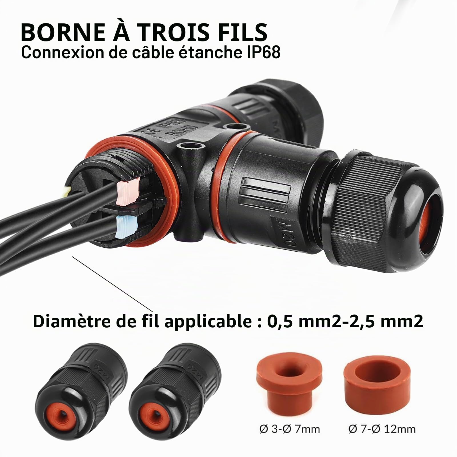 Connecteur de câble à 3 broches, IP68, boîte de jonction pour câble de terre de 3 à 12 mm de diamètre, boîte de jonction extérieure étanche, noir