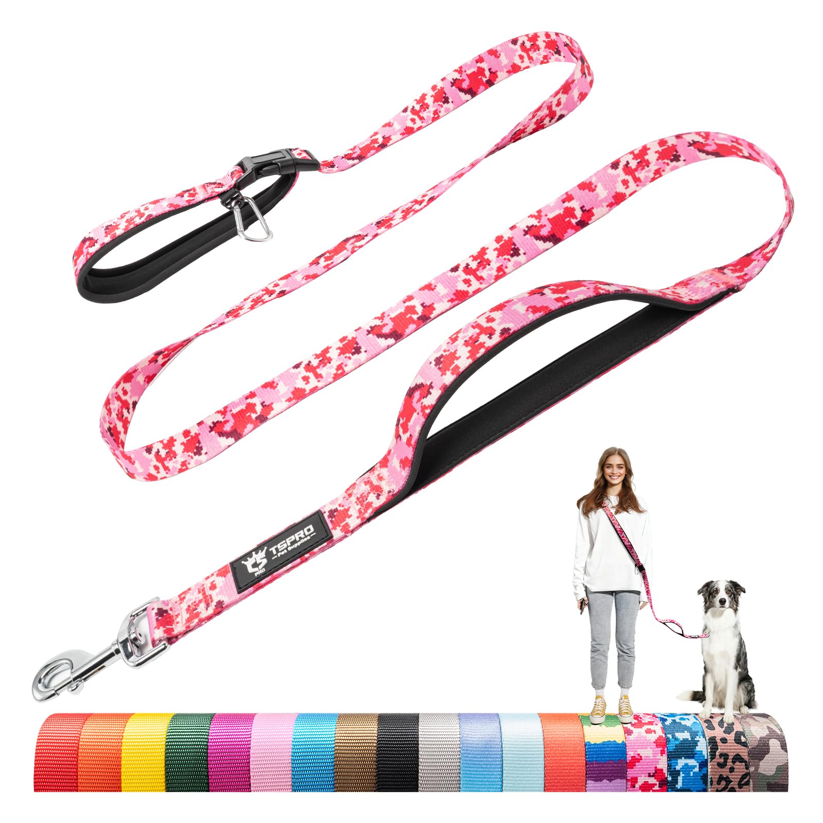 TSPRO Hands Free Dog Lead with Padded Handle & Safety Metal Buckle, Adjustable Durable Lead for Walking & Running, Medium to Large Dogs (Camo Pink 25) â image 1