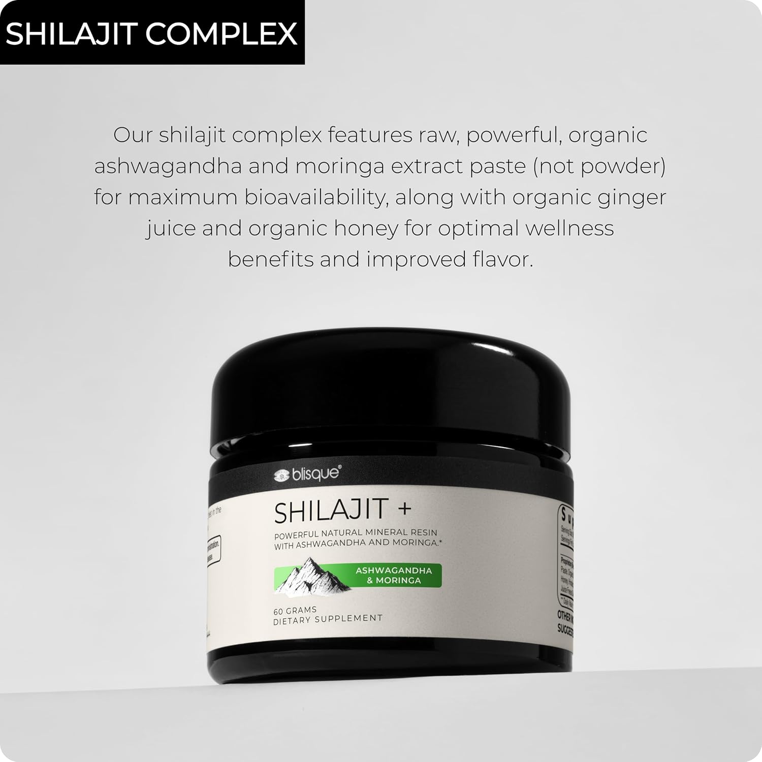 Blisque - Pure Himalayan Organic Shilajit Resin Supplement | with Organic Ashwagandha and Moringa | Authentic and Natural | Golden Grade A | Contains Fulvic Acid and Trace Minerals | 60 Grams