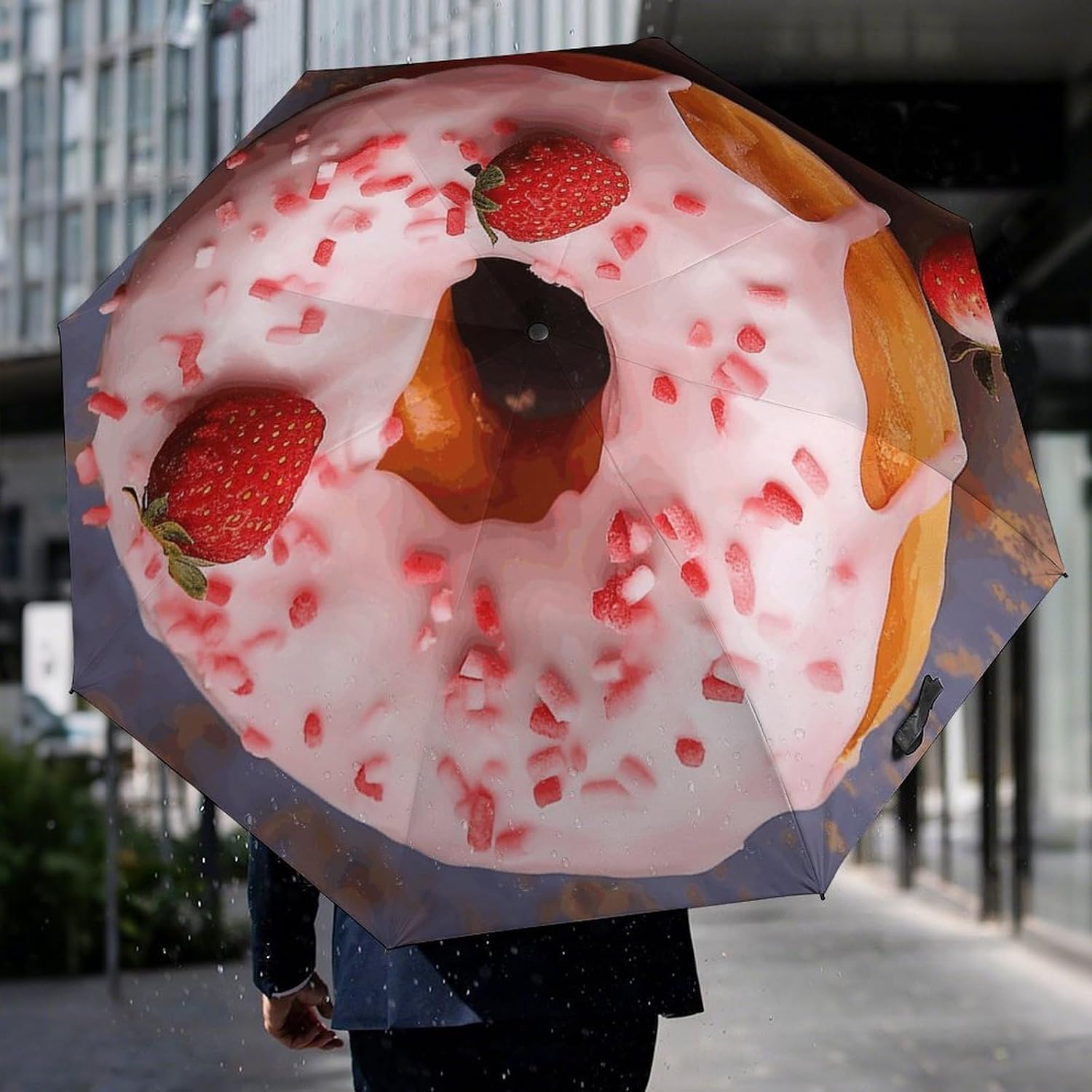 Strawberry Donut Umbrella Extra Large Folding, Travel Umbrella Windproof, Compact, Golf Umbrella With Unique Patterns, Fashionable And Beautiful for Men And Women.