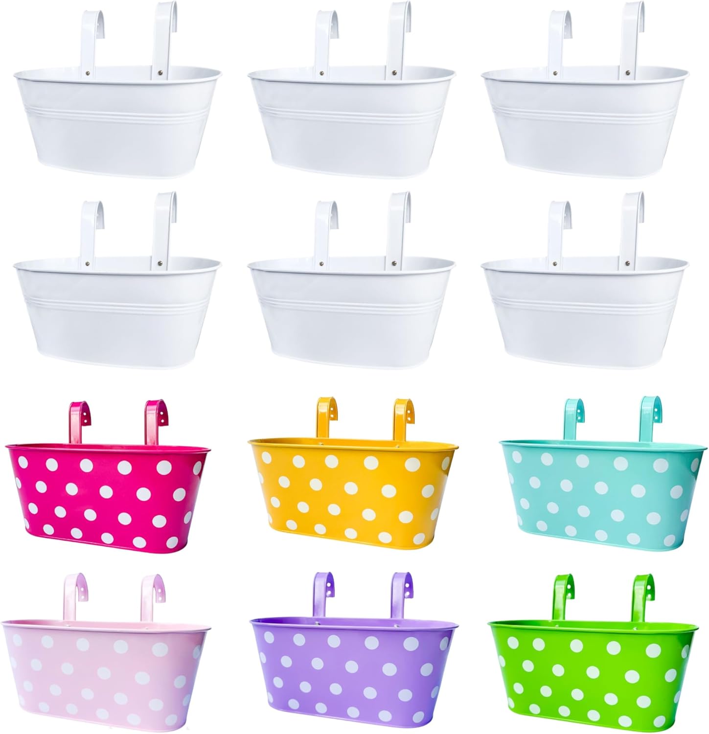 LaLaGreen Bundle - 6 Pack,11.8 Inch White + 6 Pack,11.2 Inch Multicolor Polka Dot Rounded Hanging Flower Pot,Colorful Modern Wall Mount Boho Style Window Plant Bucket Holder,Patio Porch Outdoor Decor