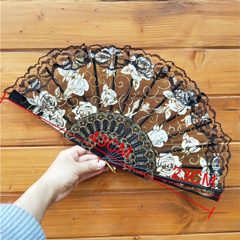 RWRAPS Abanico Plegable de Encaje o Tela de Tela española de Seda Plegable de Mano, Abanico de Baile, Fiesta de Flores, Boda, Baile de graduación, Accesorios de Abanico de Verano, Tetera (12)
