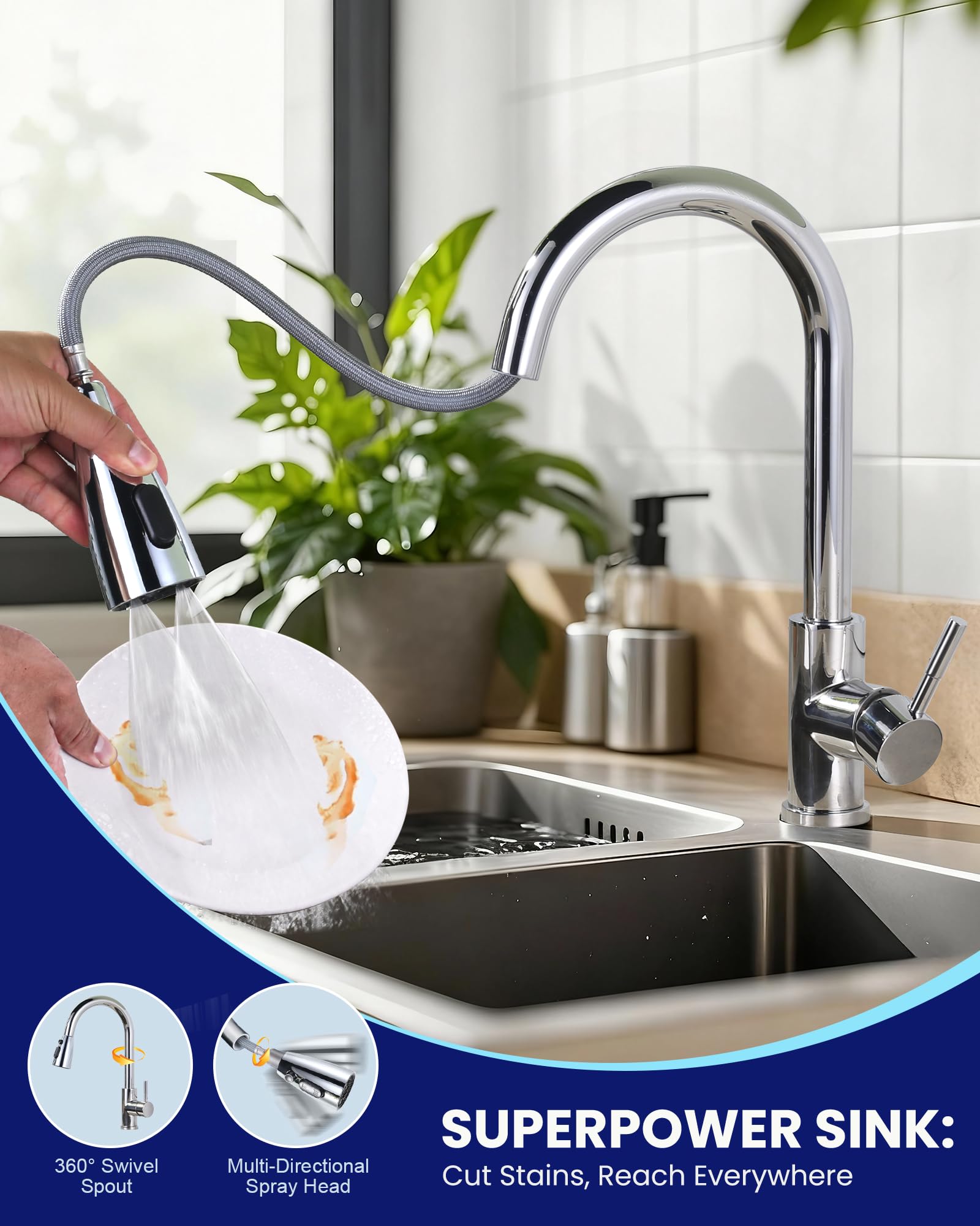ARCORA Küchenarmatur mit Ausziehbarer Brause, 360° Schwenkbarer Wasserhahn für die Küche, 3 Strahlarten, Einhebelmischer Spültischarmatur aus Edelstahl mit Keramikkartusche, Chrom