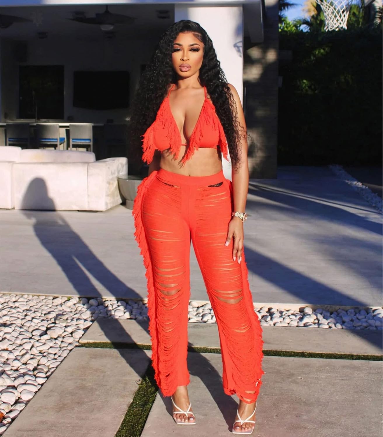 KANSOON Two Piece Sets for Women Sexy Crochet Outfits Halter Top Fringe Pants Summer Party Clubwear - Image 4