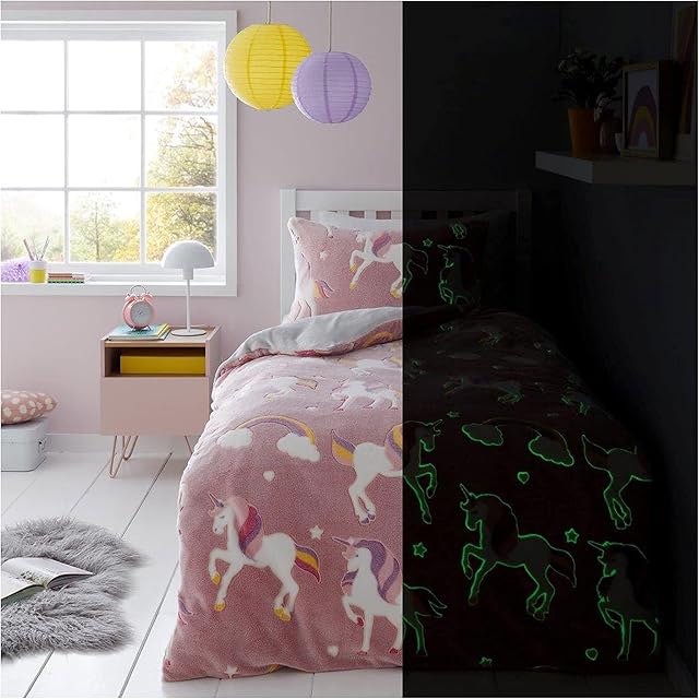 Lions Unicorn Bedding Set Single Bed Size - Glow in The Dark Teddy Fleece Duvet Cover with Matching Pillowcase, warm Cosy Cuddly Quilt Covers, Bedroom Accessories, Pink 137x200cm