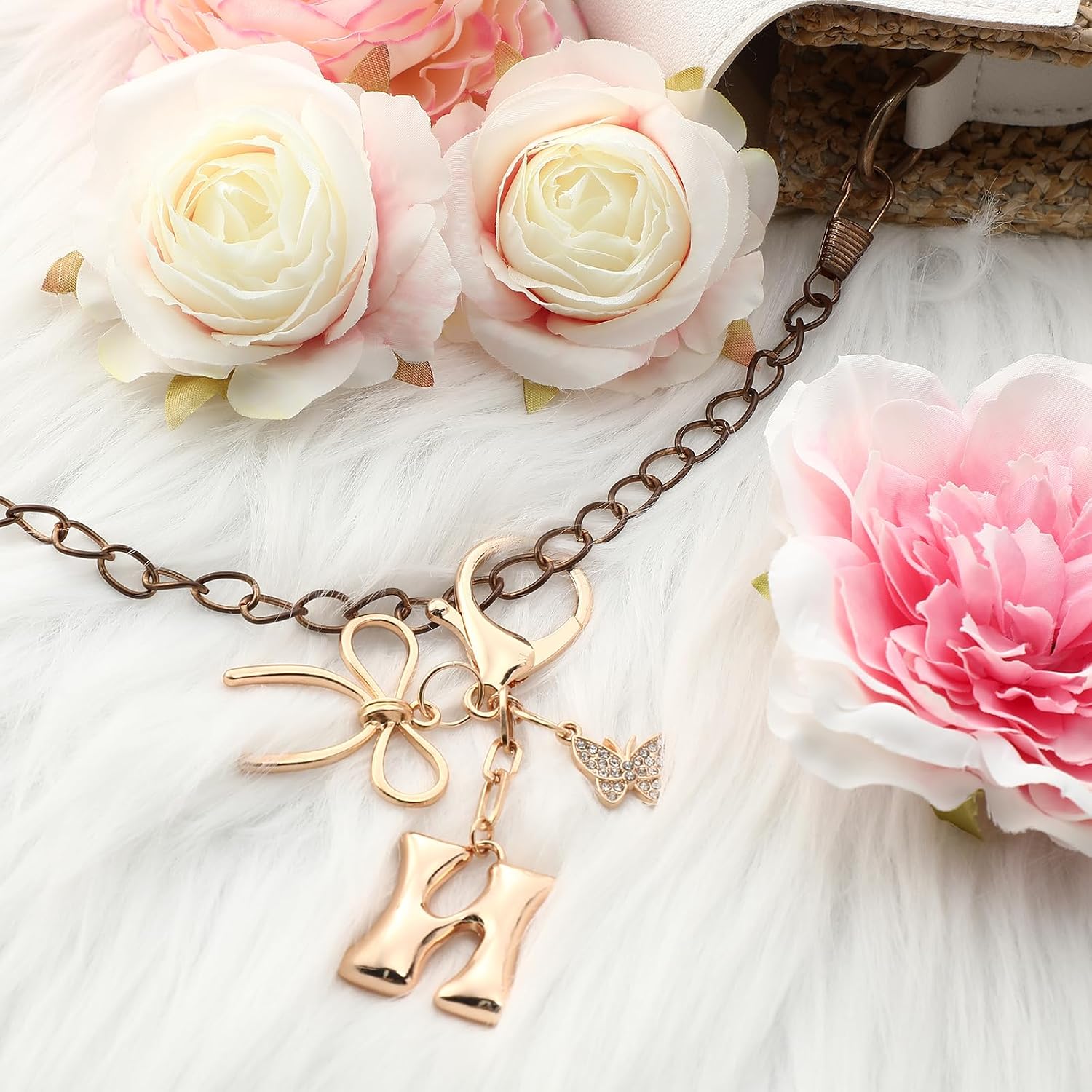 Bubble Initial Keychain with Bow & Butterfly - Gold Letter Bag Charms for Women, Cute Purse Handbag Accessories image 4