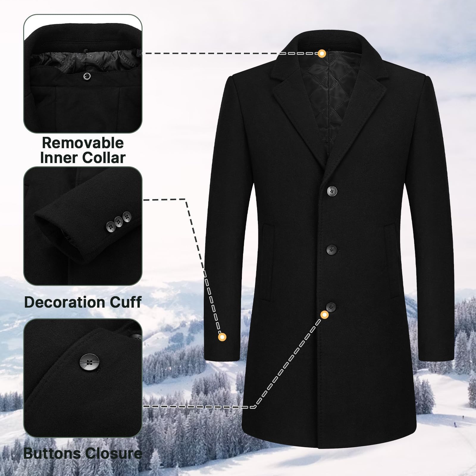 Cappotto da uomo in lana con cappuccio rimovibile e caldo, lungo trench, per l'inverno, capanna parka da uomo, slim fit, Nero , XS