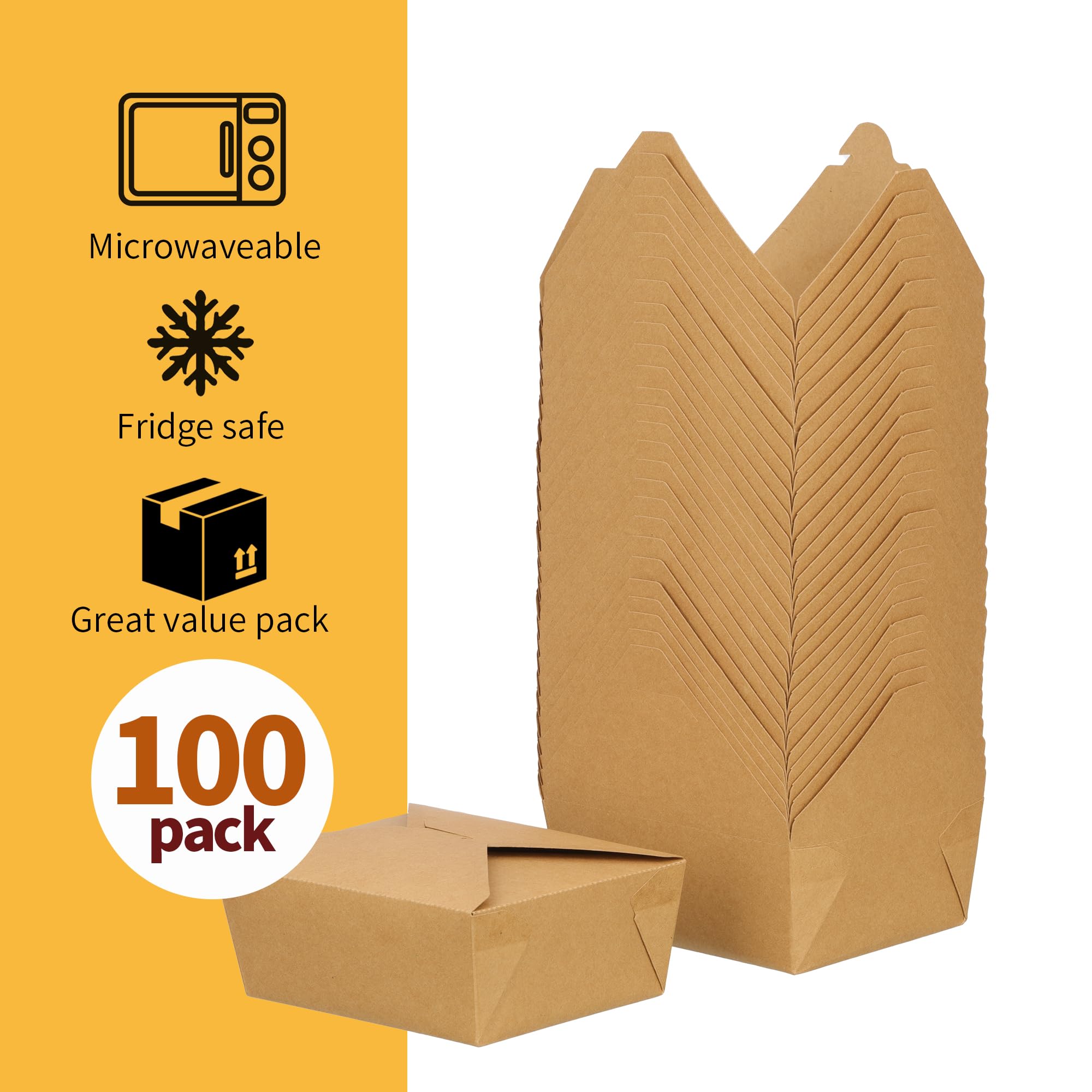 Recipientes de comida para llevar de 48 onzas, paquete de 100 unidades, cajas desechables de papel kraft para llevar, cajas para microondas, a prueba de fugas y grasa, para restaurante, catering