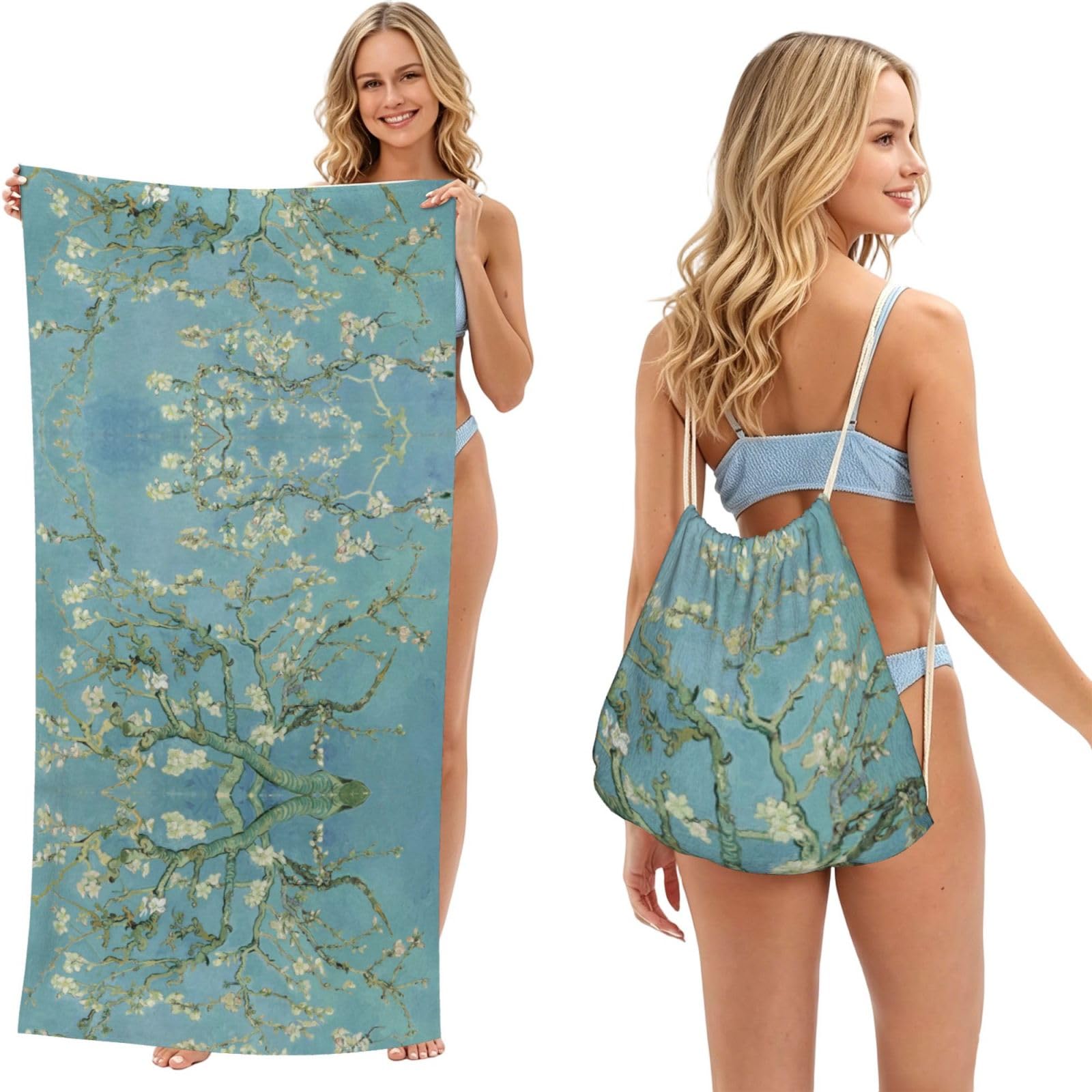 ESNAIUVCD Cherry Plum Flowers Print Beach Towel For Adults,Towel With Drawstring Bag, Travel Pool Swimming Sports Shower Sand Free Quick Dry Bath Towel For Pool, Beach, Yoga- 180x60cm