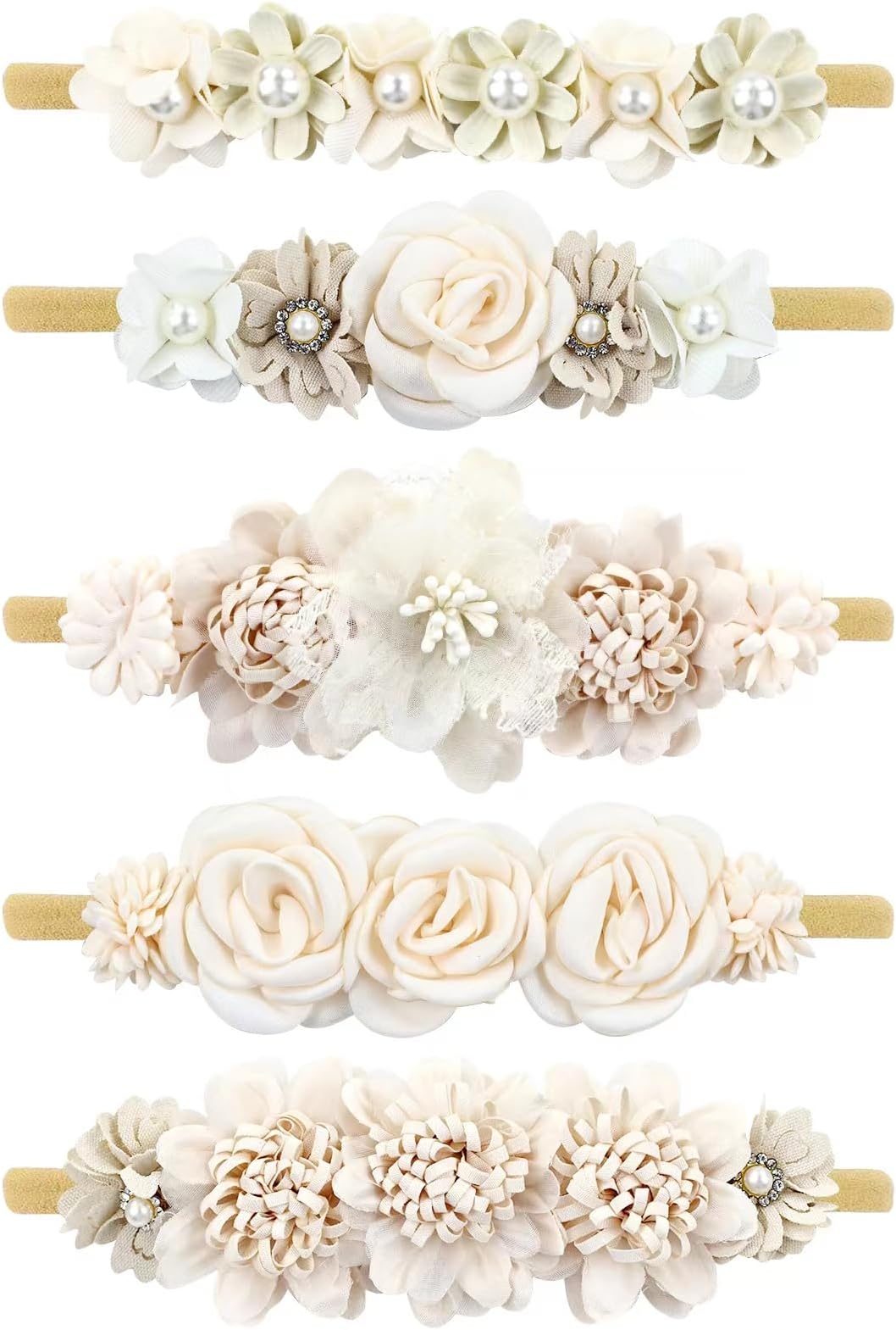 5 Pieces Super Stretchy Soft Baby Girl Nylon Flower Headbands Baptism Christening Floral Tiaras Crowns Hairbands Hair Accessories for Newborns Infants Toddlers Girls Kids