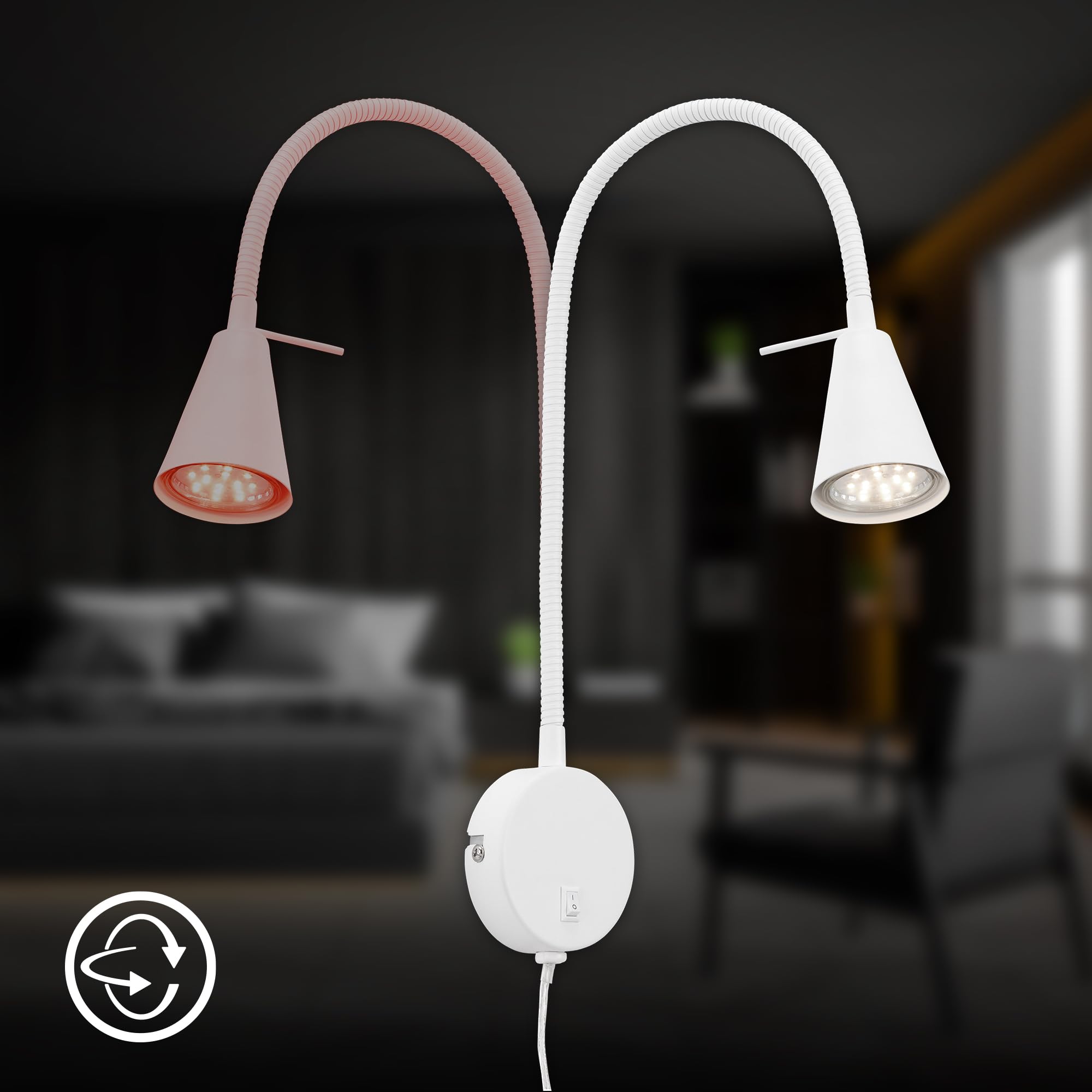 LED bedlamp designlamp FLEXI R met siliconen rubber zwanenhals zwart met schakelaar - set van 2 incl. voeding 230V en USB-aansluiting. (Zwart - Neutraal 4200K
