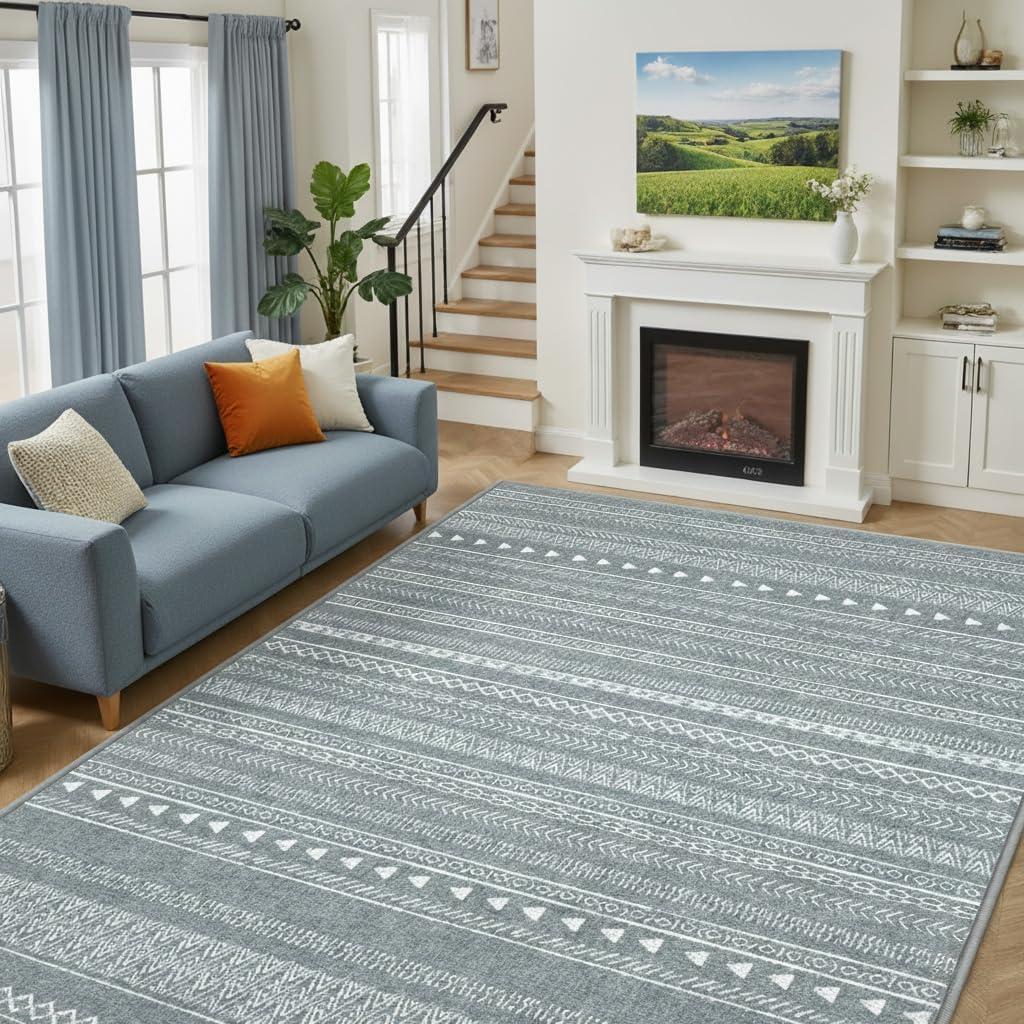 Enkor Area Soft Rugs 9x12 Washable Non Slip Maroc Floor Rugs for Living Room Bedroom, Vintage Style Farmhouse Mat for Kitchen Entryway Dark Grey