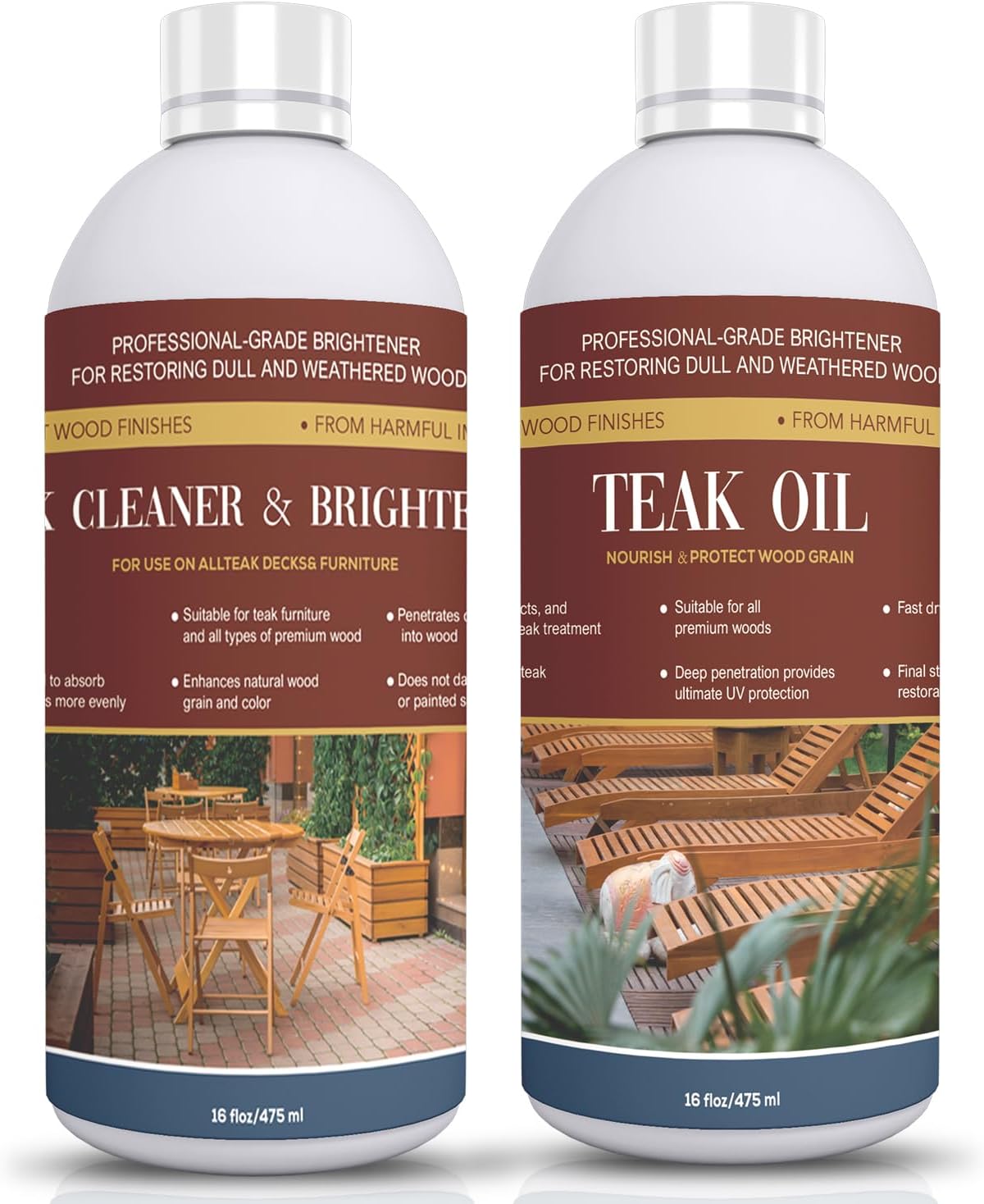 2 Pack Teak Oil, Teak Cleaner and Brightener Kit - Teak Cleaner for Teak Outdoor Wood Patio Furniture | Clean, Brighten, and Protect Treated and Untreated Wood Surfaces, Teak Sealer -16 OZ