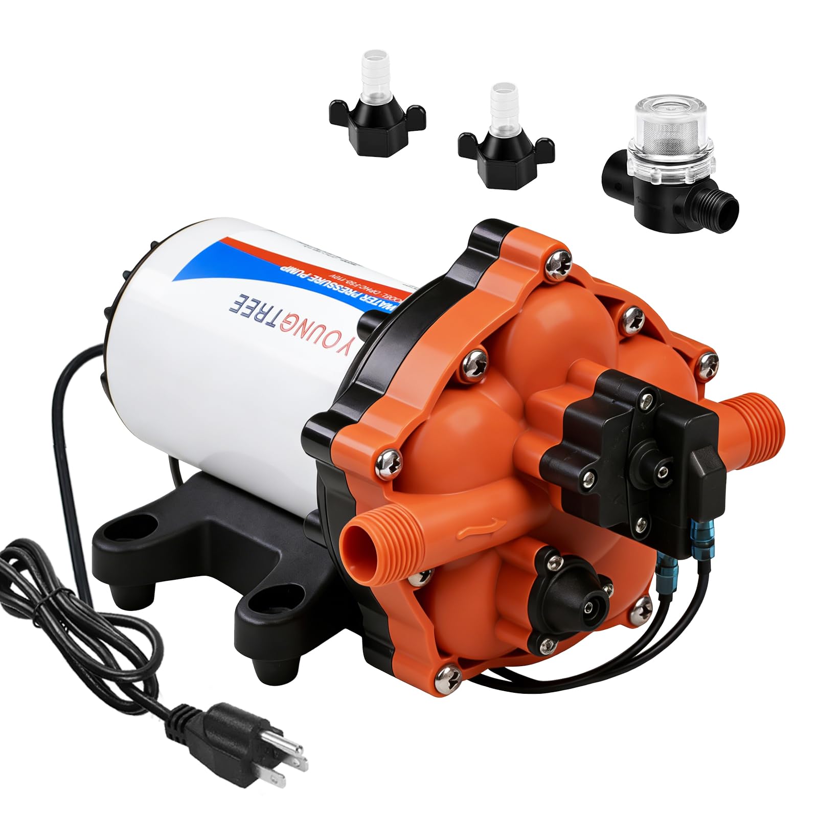 YOUNGTREE 55-Series 110V AC Fresh Water Diaphragm Pump 7GPM 70PSI 110volt 5-Chamber Water Pressure Washdown Pump On Demand with Pressure Switch for Irrigating, Home, Sprinkler, RV, Marine