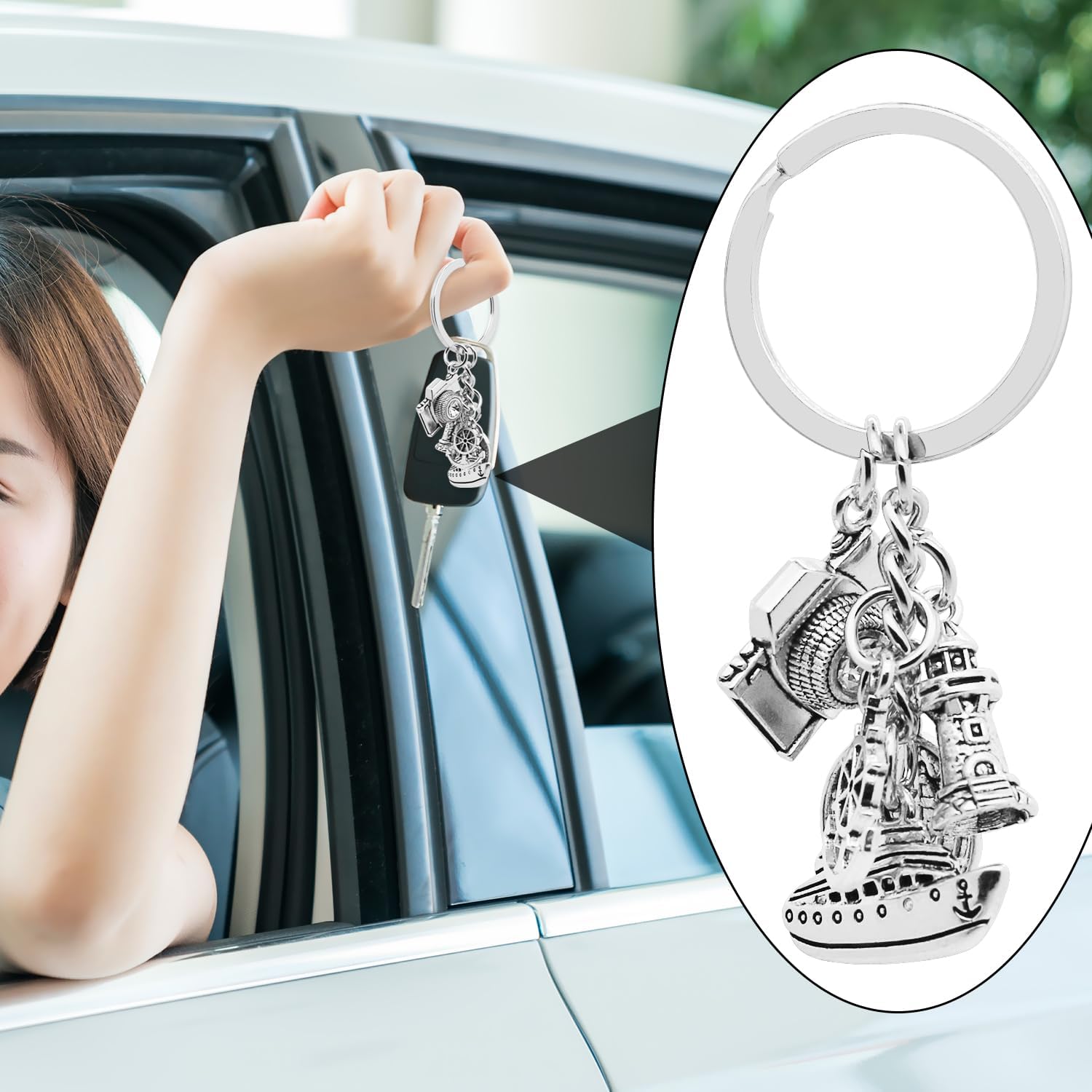 6Pcs Cruise Travel Keychain Alloy Camera Anchor Cruise Ship Earth and Lighthouse Charm Keyrings for Retirement Journey Gifts or Traveler