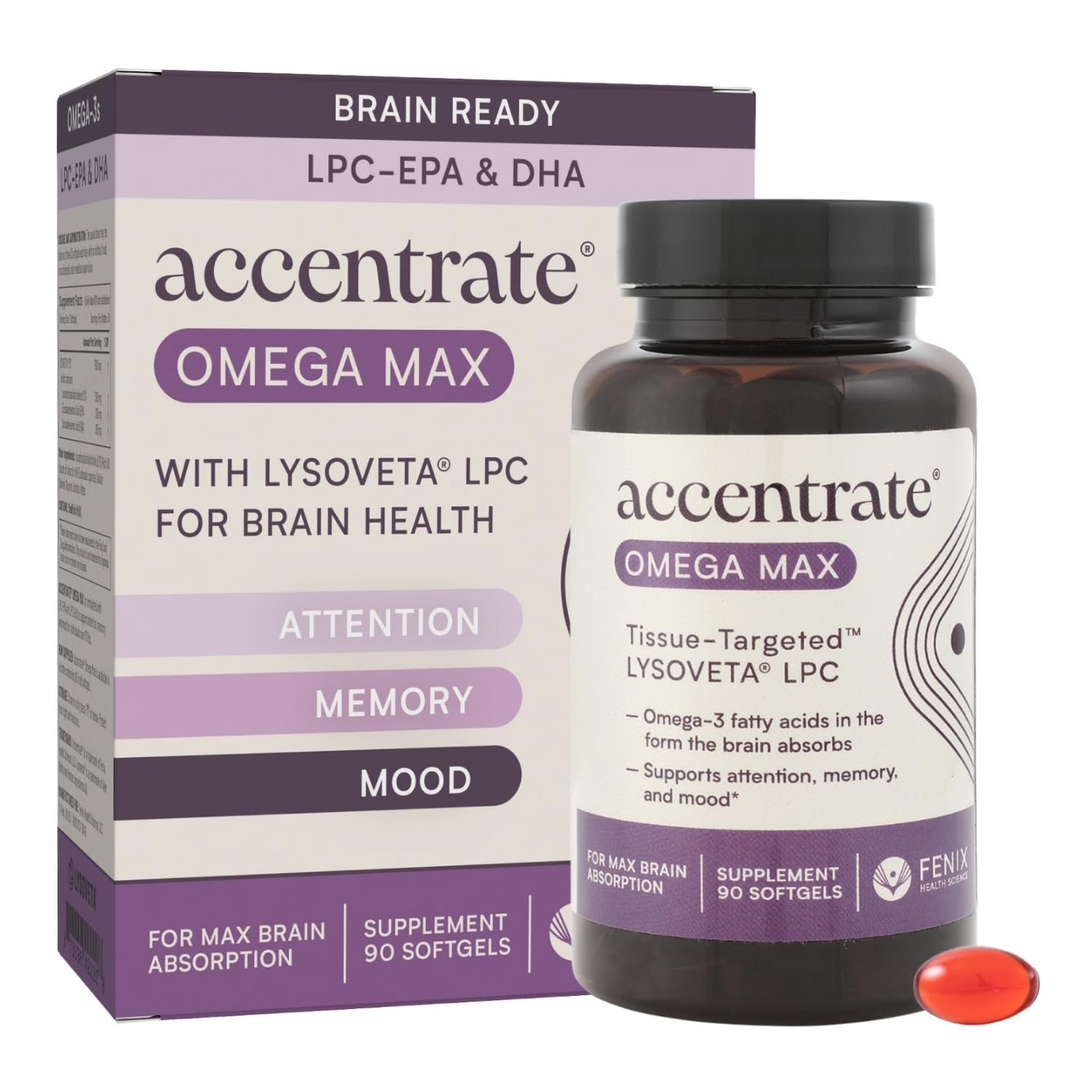 Omega Max w/LYSOVETA LPC | EPA & DHA Supplements for Brain & Retina Health | Focus, Attention, Memory, Mood & Vision | 6X Higher Absorption Than Fish Oil | High Potency Omega-3 LPC-DHA