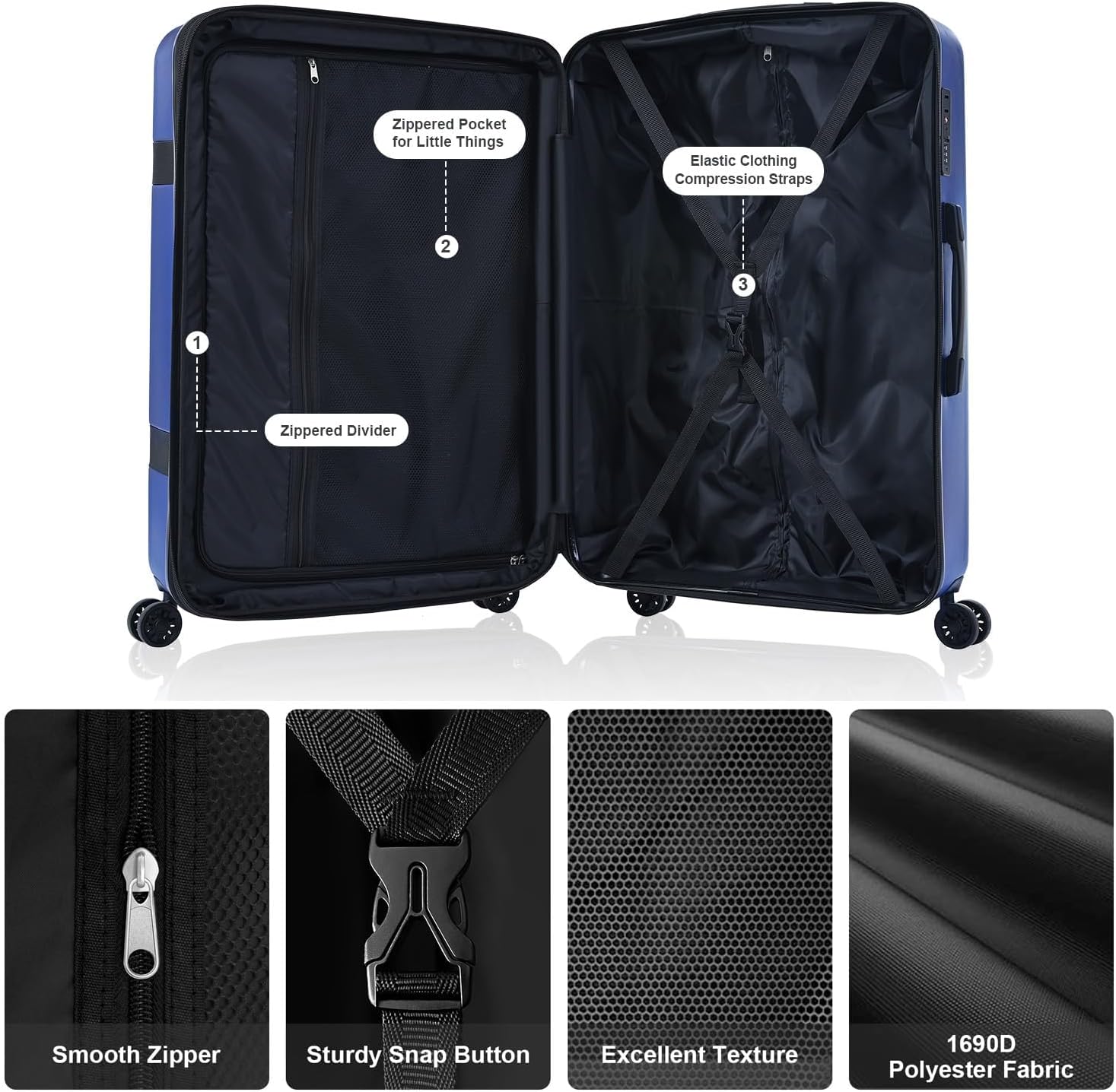 3 Piece Luggage Set, PC+ABS Lightweight Suitcase Sets with Spinner Wheels, Expandable Hardside Carry-On Luggage with TSA Lock Blue (20/24/28)