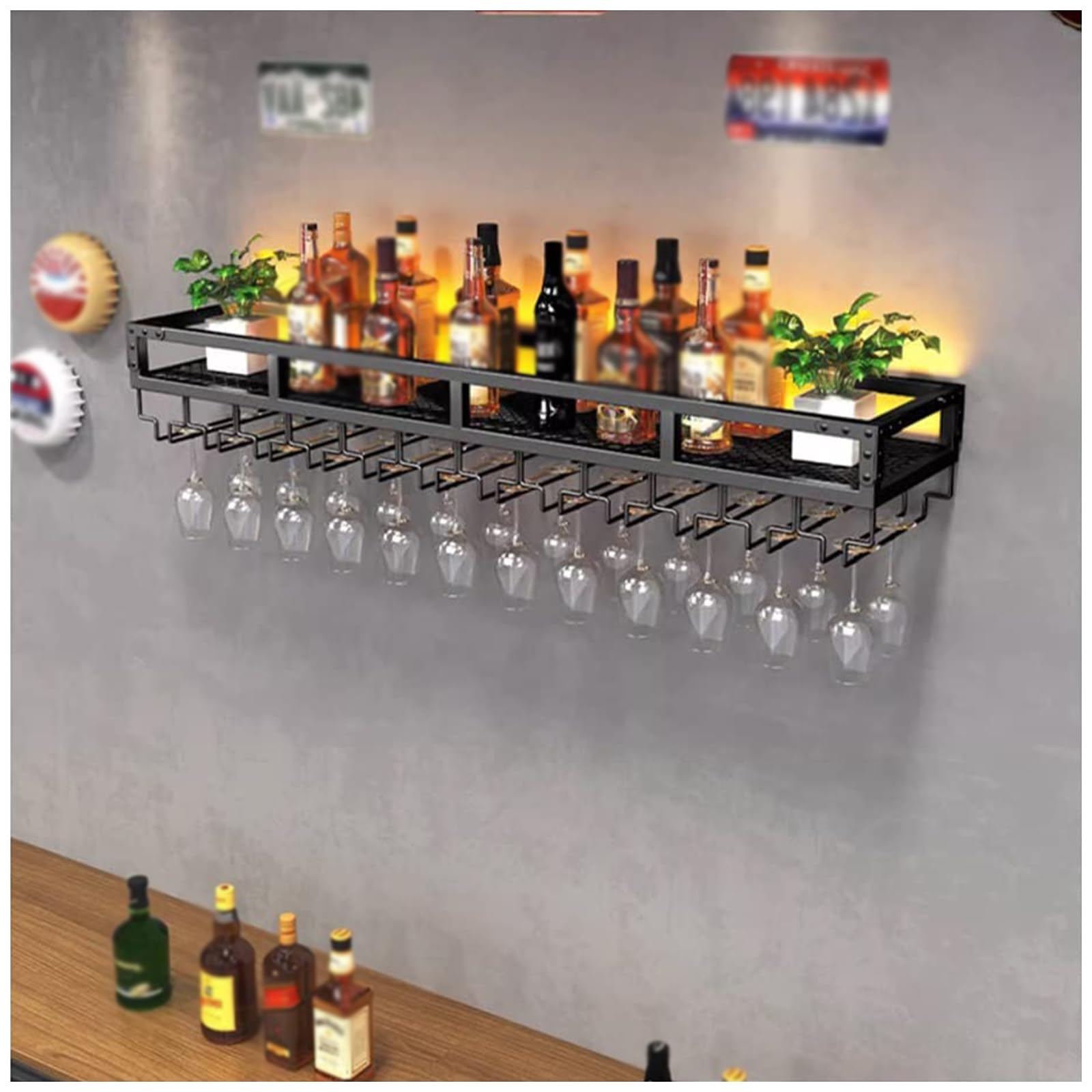 Scaffale galleggiante da bar, portabottiglie da parete, supporto in vetro invertito, contenitore multifunzionale per bottiglie di ferro per casa, bar e sala da pranzo, 200 cm