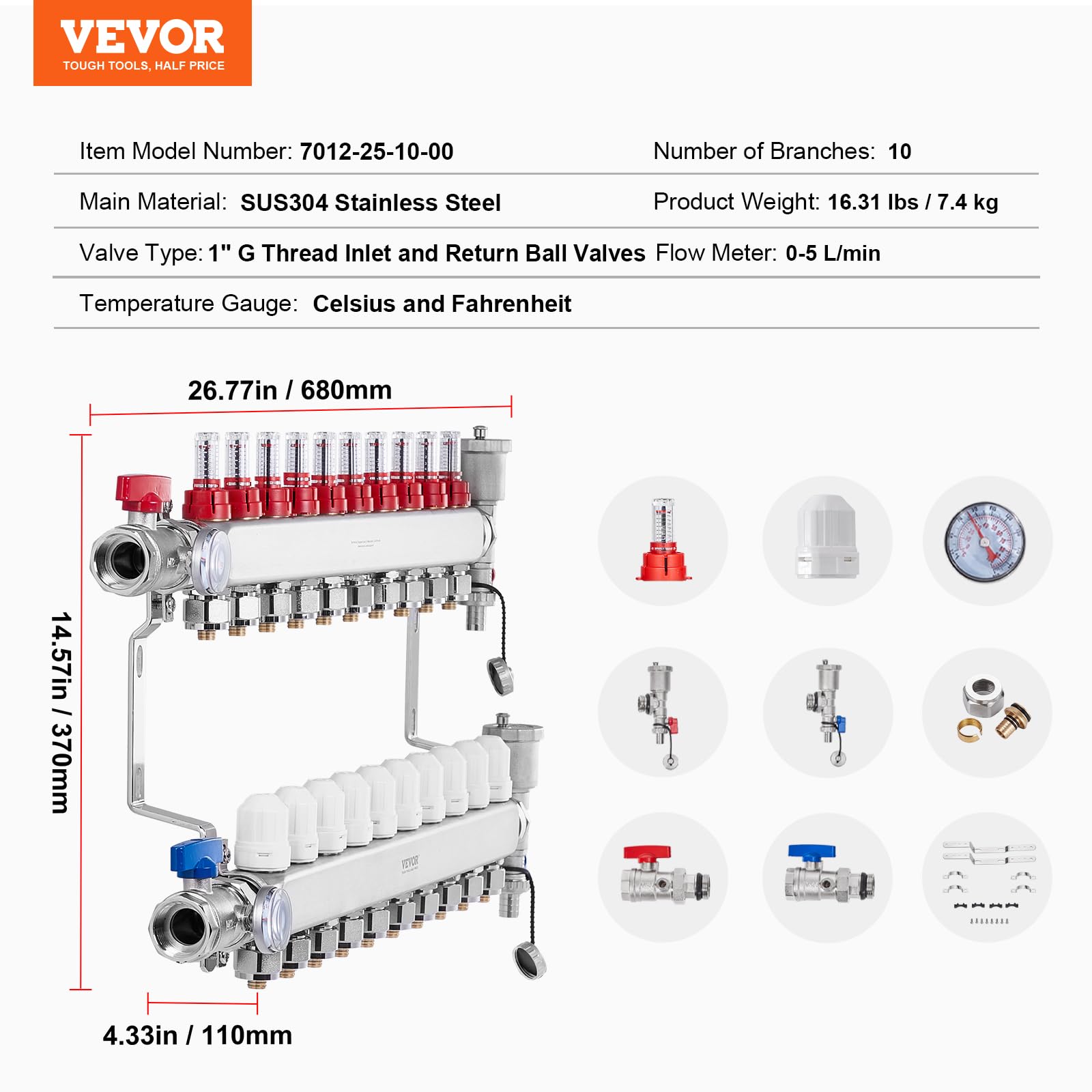 VEVOR Colector de Calor Radiante de 10 Derivaciones de Acero Inoxidable SUS304 para Calefacción por Suelo Radiante Hidrónico, Colector de Tubería PEX, con Adaptadores, 680 x 370 x 110 mm, 0-5 L/min