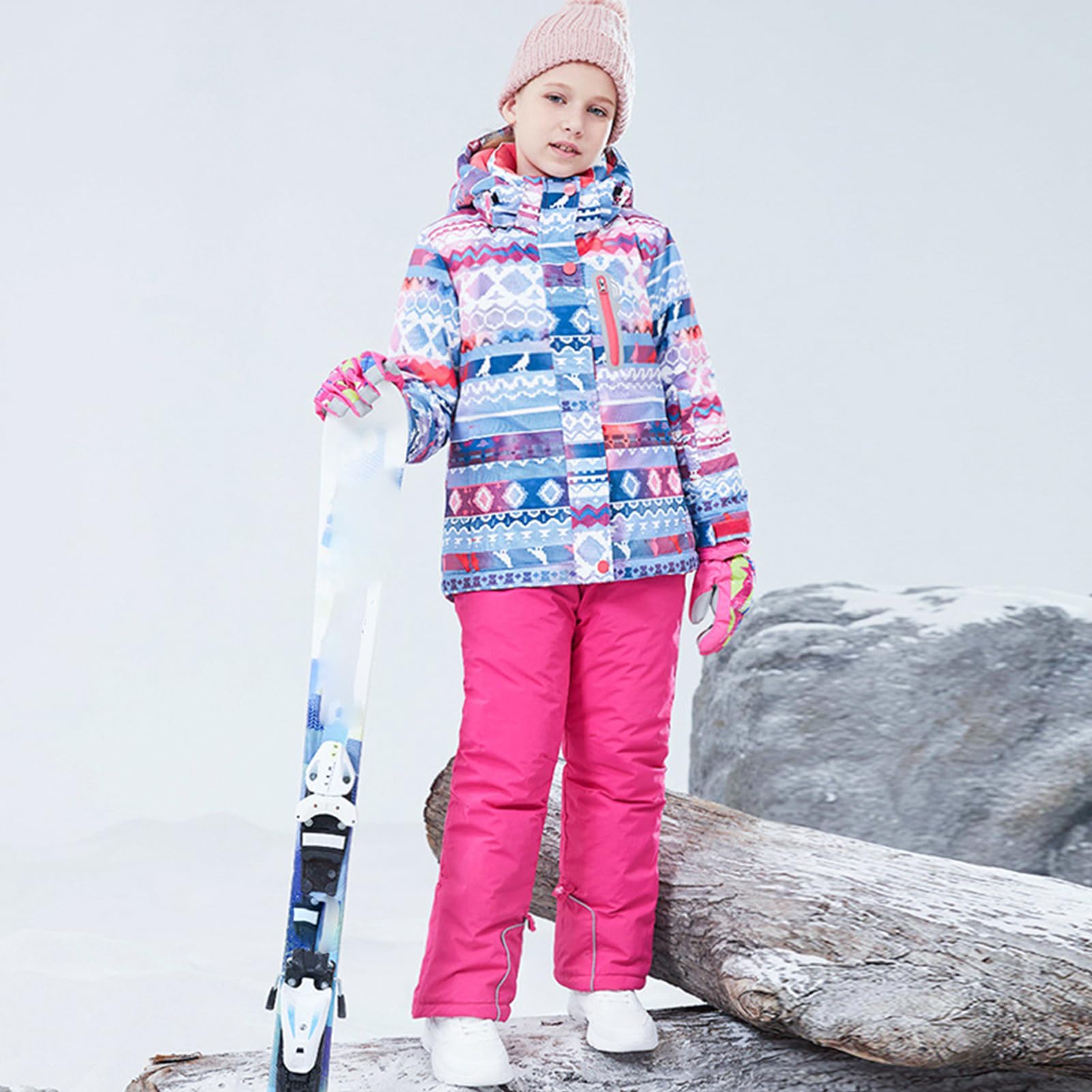 Conjunto de traje de esquí infantil de 2 piezas con capucha, traje de nieve impermeable a prueba de viento para niños y niñas, chaqueta de esquí cálida y pantalones de esquí, pixeles +