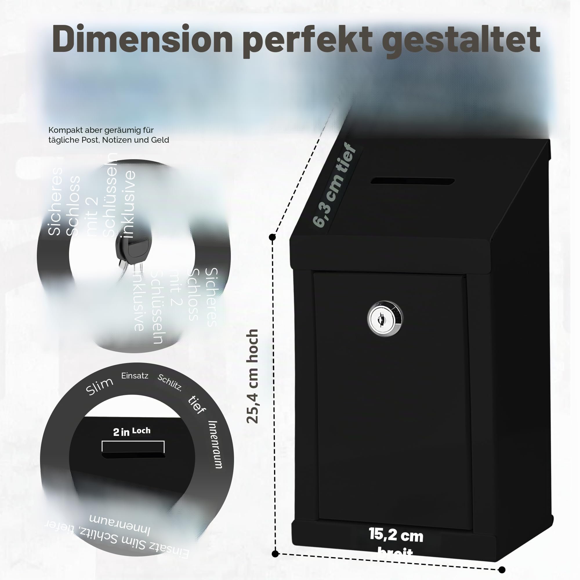 Metall-Spendenbox – Stahl-Sammelbox mit sicherem Schloss, 2 Schlüssel, Wandhalterung, 25,4 x 15,2 x 6,3 cm (Schwarz)